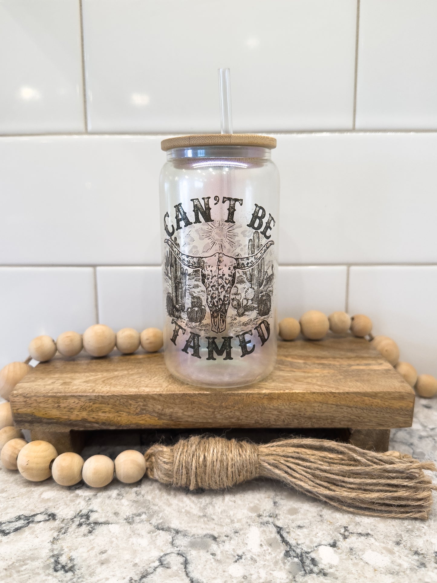 Can't Be Tamed | 16 oz Can Glass with Bamboo Lid | Green Iridescent | Glass Drinkware
