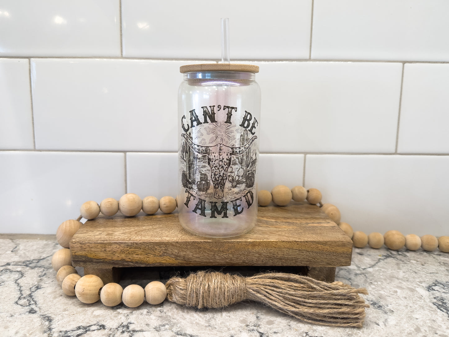 Can't Be Tamed | 16 oz Can Glass with Bamboo Lid | Green Iridescent | Glass Drinkware