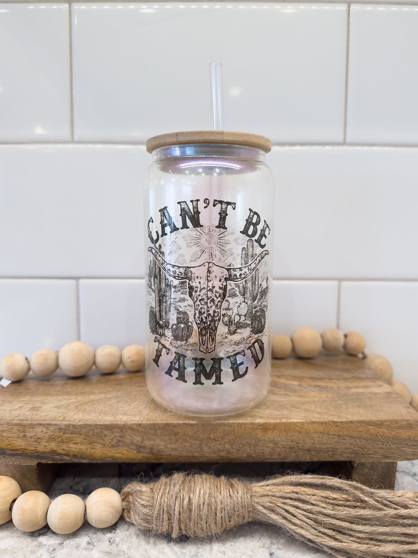Can't Be Tamed | 16 oz Can Glass with Bamboo Lid | Green Iridescent | Glass Drinkware