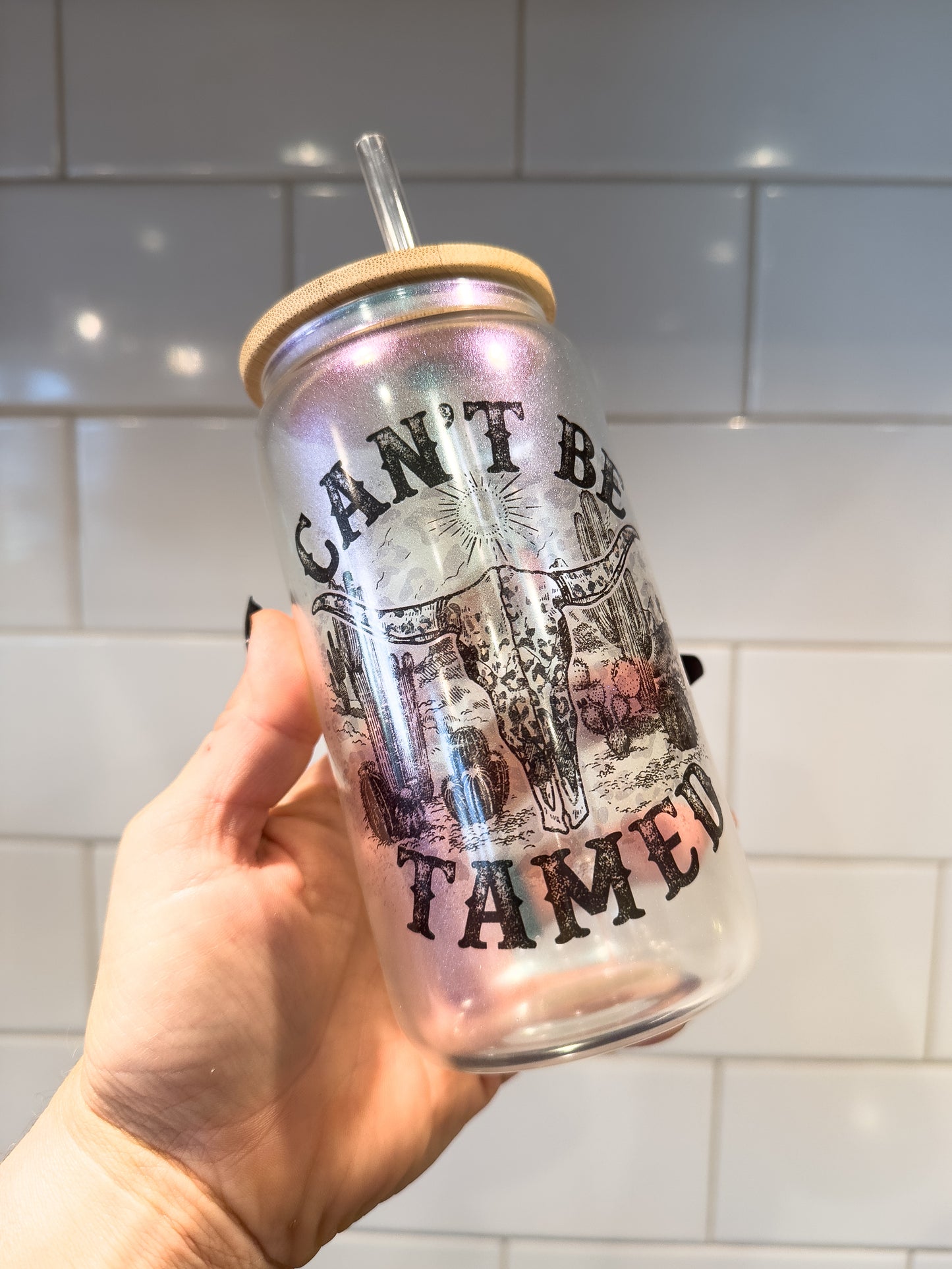 Can't Be Tamed | 16 oz Can Glass with Bamboo Lid | Green Iridescent | Glass Drinkware