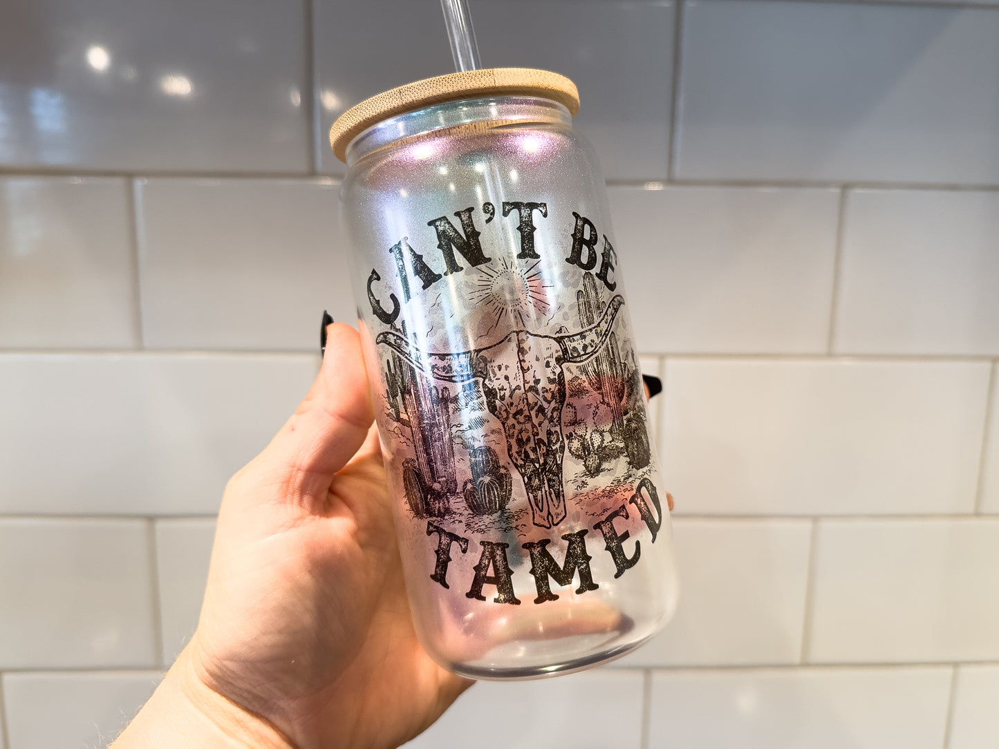 Can't Be Tamed | 16 oz Can Glass with Bamboo Lid | Green Iridescent | Glass Drinkware