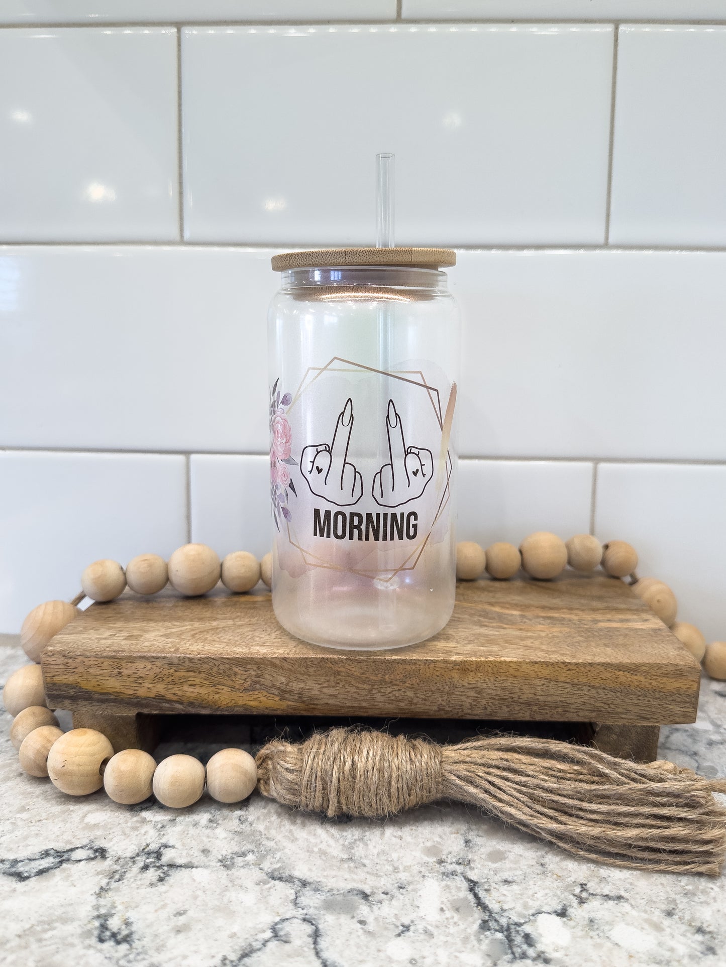 Morning | Middle Finger | 16 oz Can Glass with Bamboo Lid | Pink Iridescent | Glass Drinkware