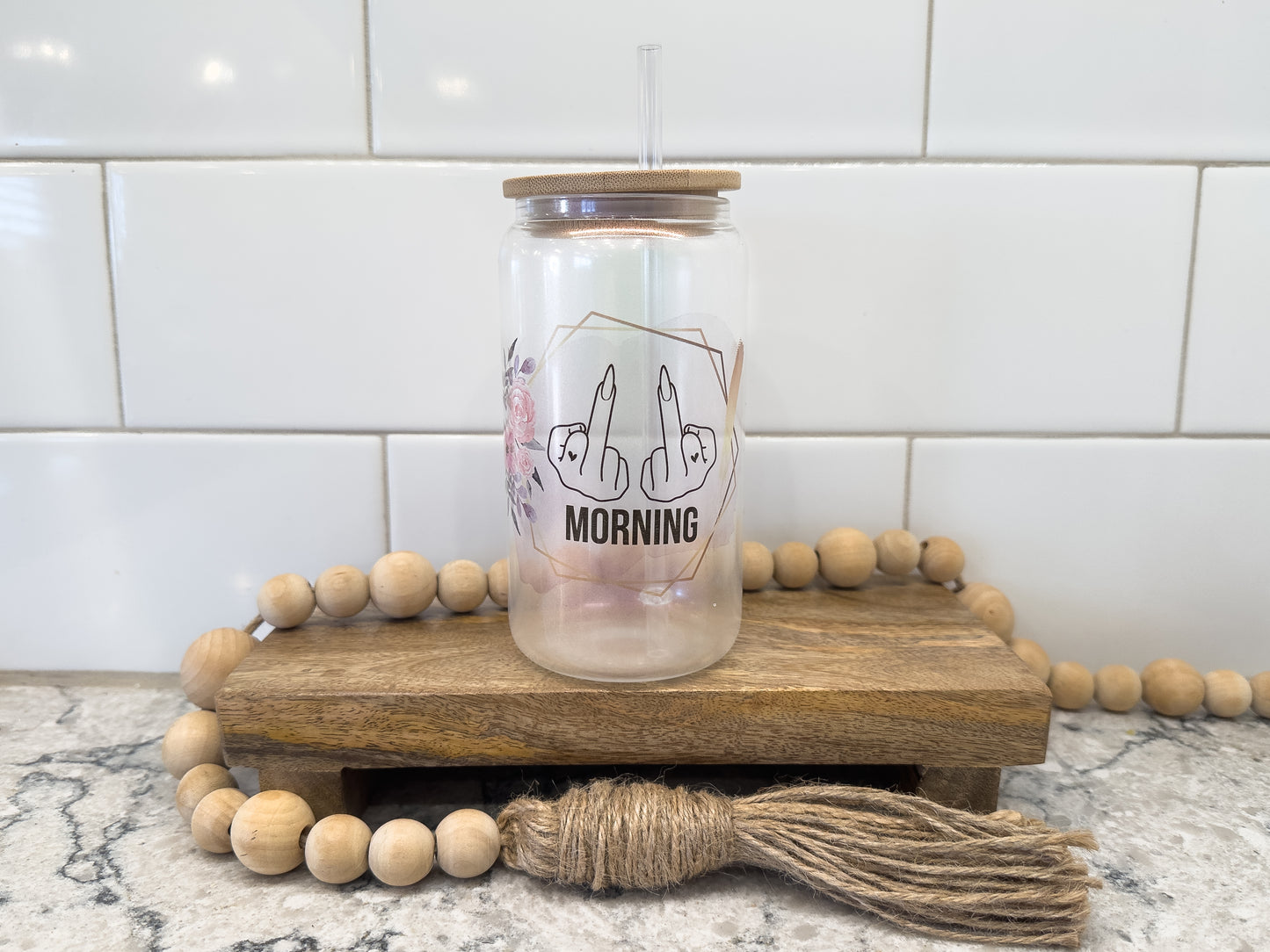 Morning | Middle Finger | 16 oz Can Glass with Bamboo Lid | Pink Iridescent | Glass Drinkware