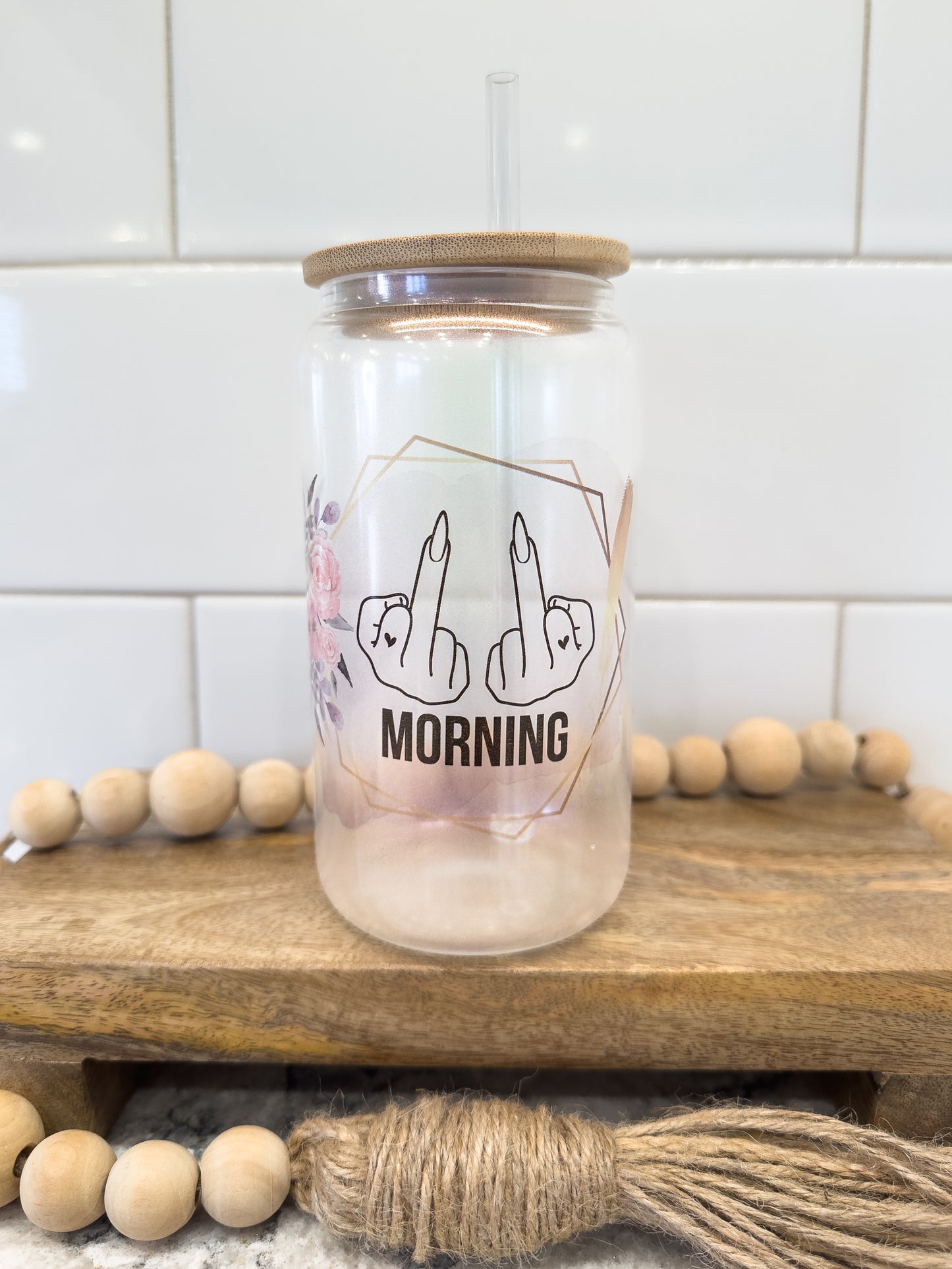 Morning | Middle Finger | 16 oz Can Glass with Bamboo Lid | Pink Iridescent | Glass Drinkware