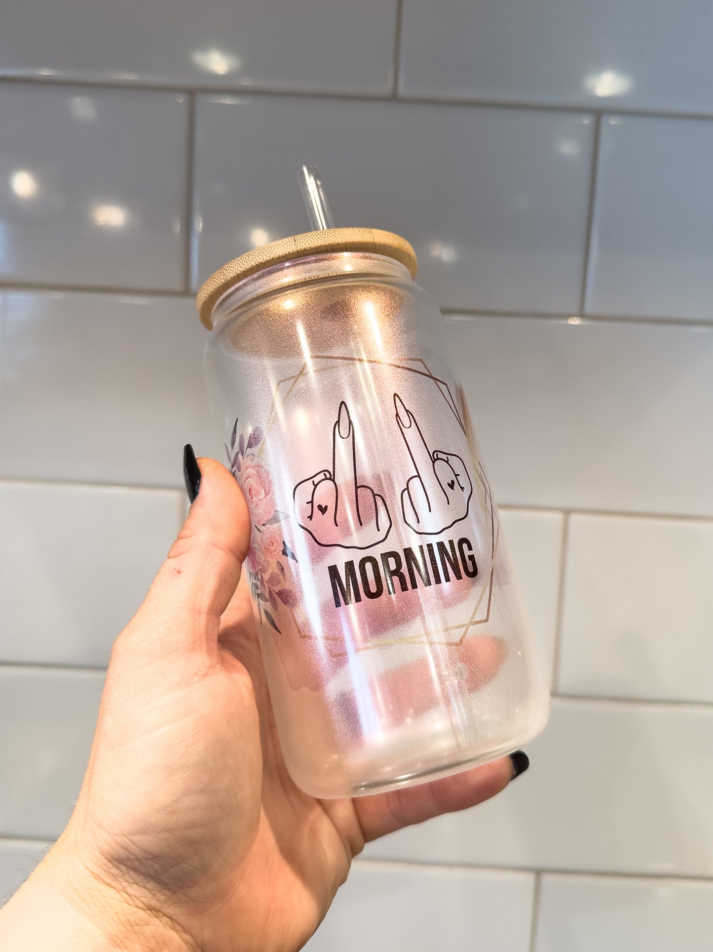 Morning | Middle Finger | 16 oz Can Glass with Bamboo Lid | Pink Iridescent | Glass Drinkware