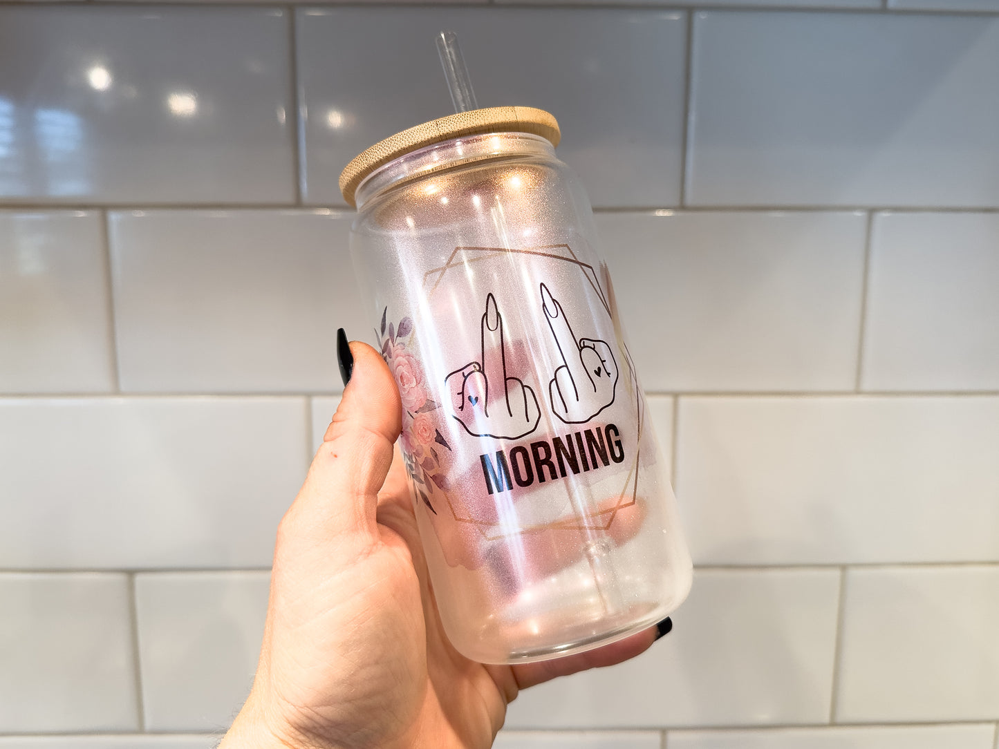 Morning | Middle Finger | 16 oz Can Glass with Bamboo Lid | Pink Iridescent | Glass Drinkware