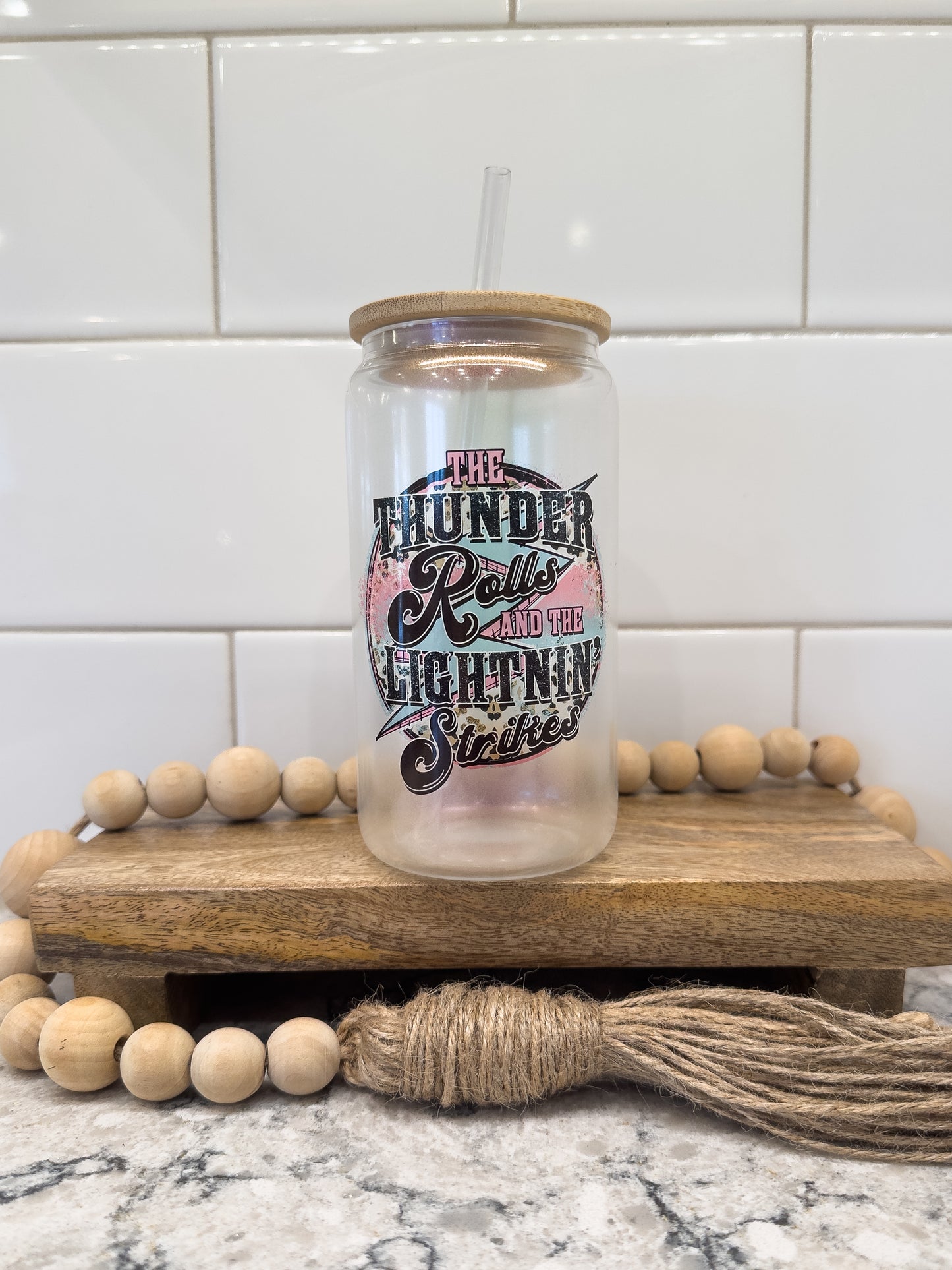 The Thunder Rolls | 16 oz Can Glass with Bamboo Lid | Pink Iridescent | Glass Drinkware