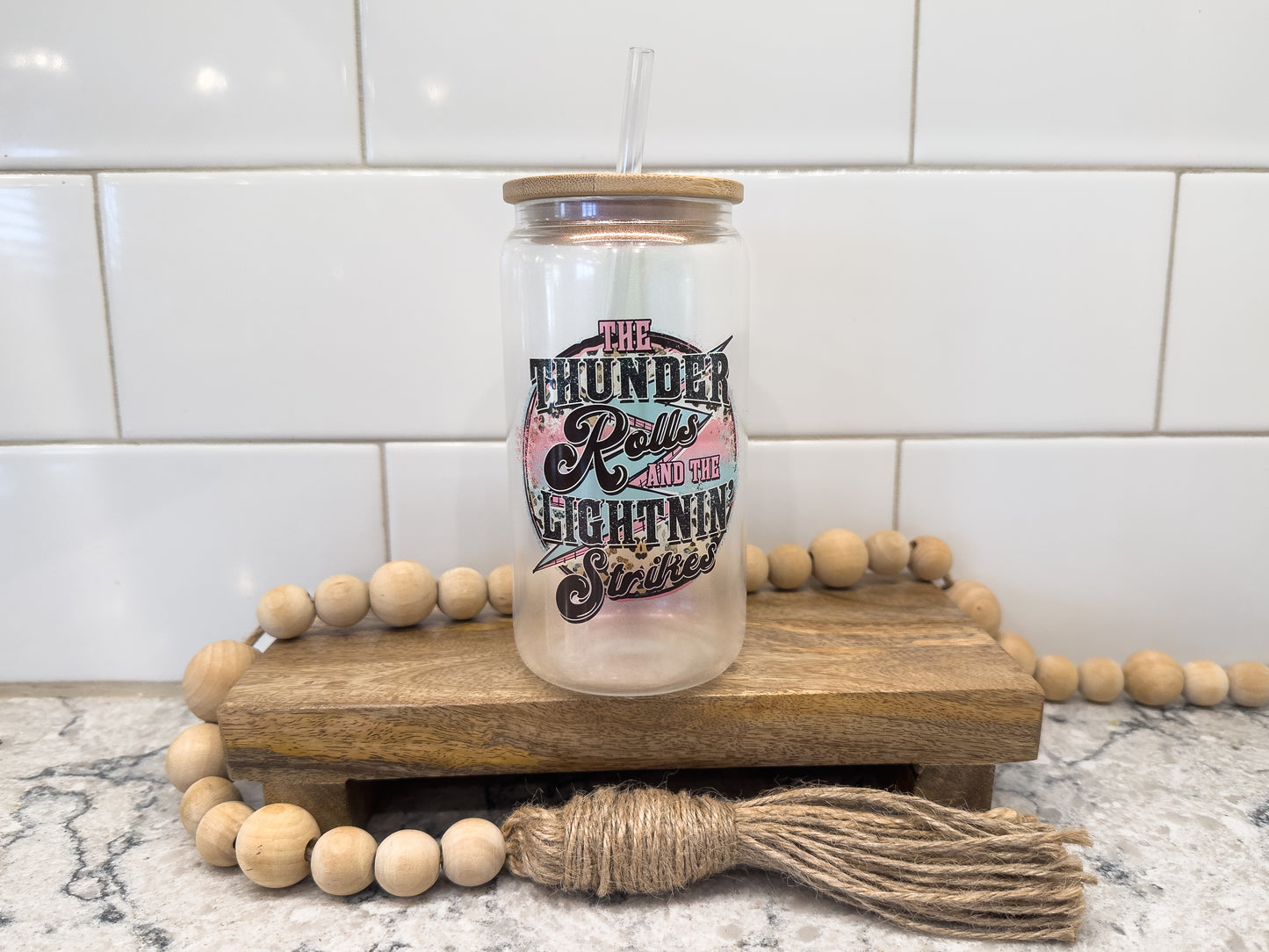 The Thunder Rolls | 16 oz Can Glass with Bamboo Lid | Pink Iridescent | Glass Drinkware