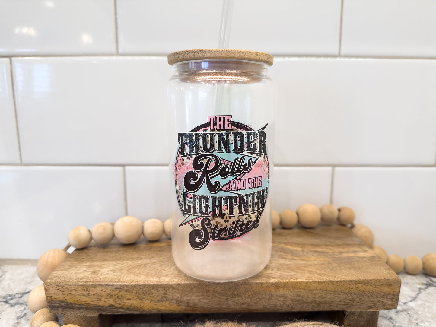 The Thunder Rolls | 16 oz Can Glass with Bamboo Lid | Pink Iridescent | Glass Drinkware