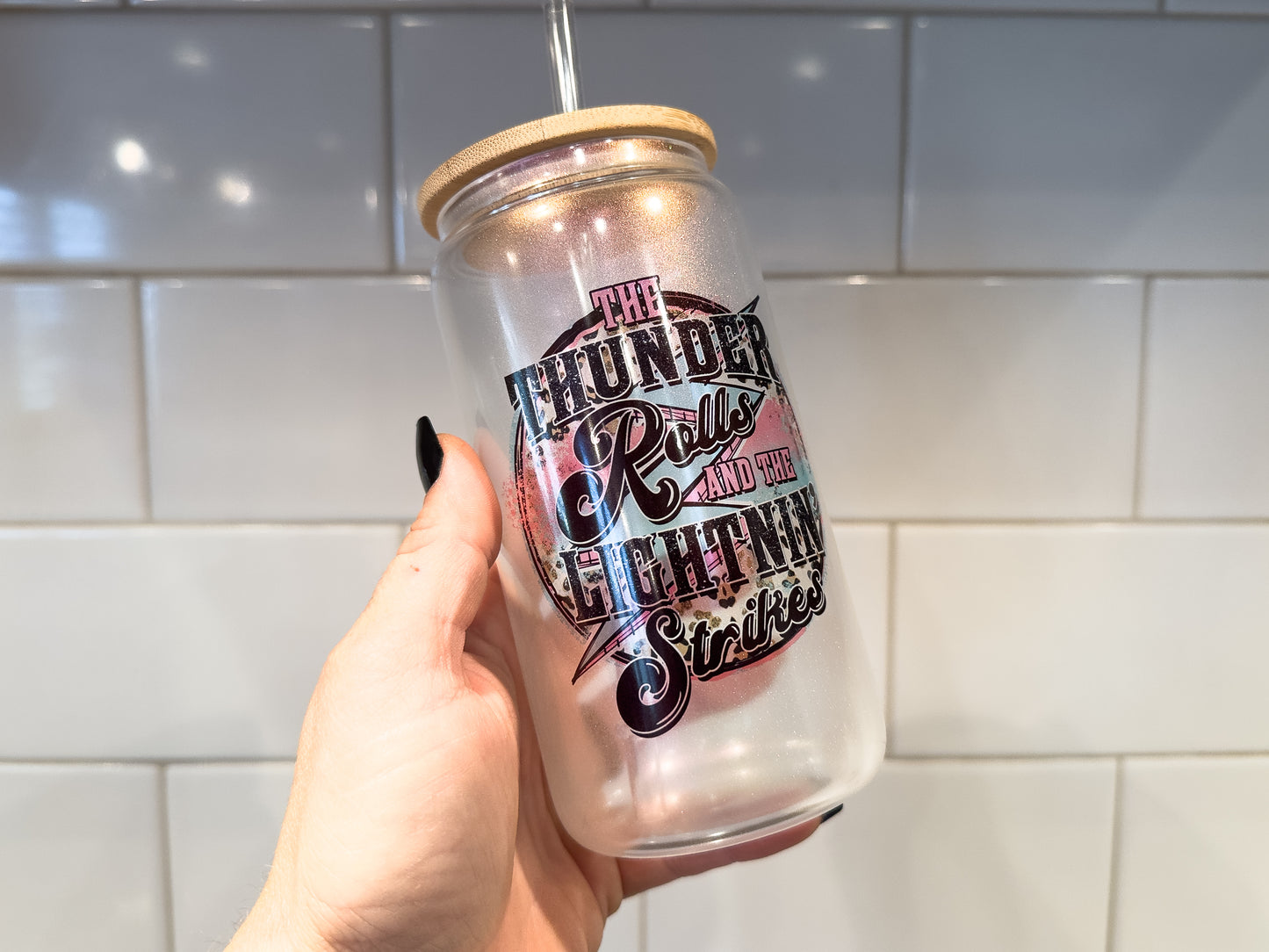 The Thunder Rolls | 16 oz Can Glass with Bamboo Lid | Pink Iridescent | Glass Drinkware
