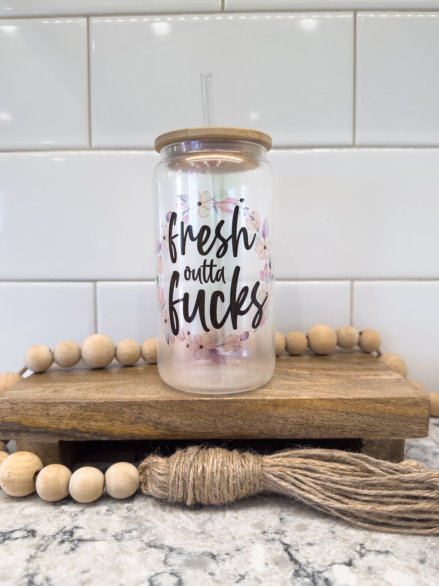 Fresh Out Of F@cks | 16 oz Can Glass with Bamboo Lid | Pink Iridescent | Glass Drinkware