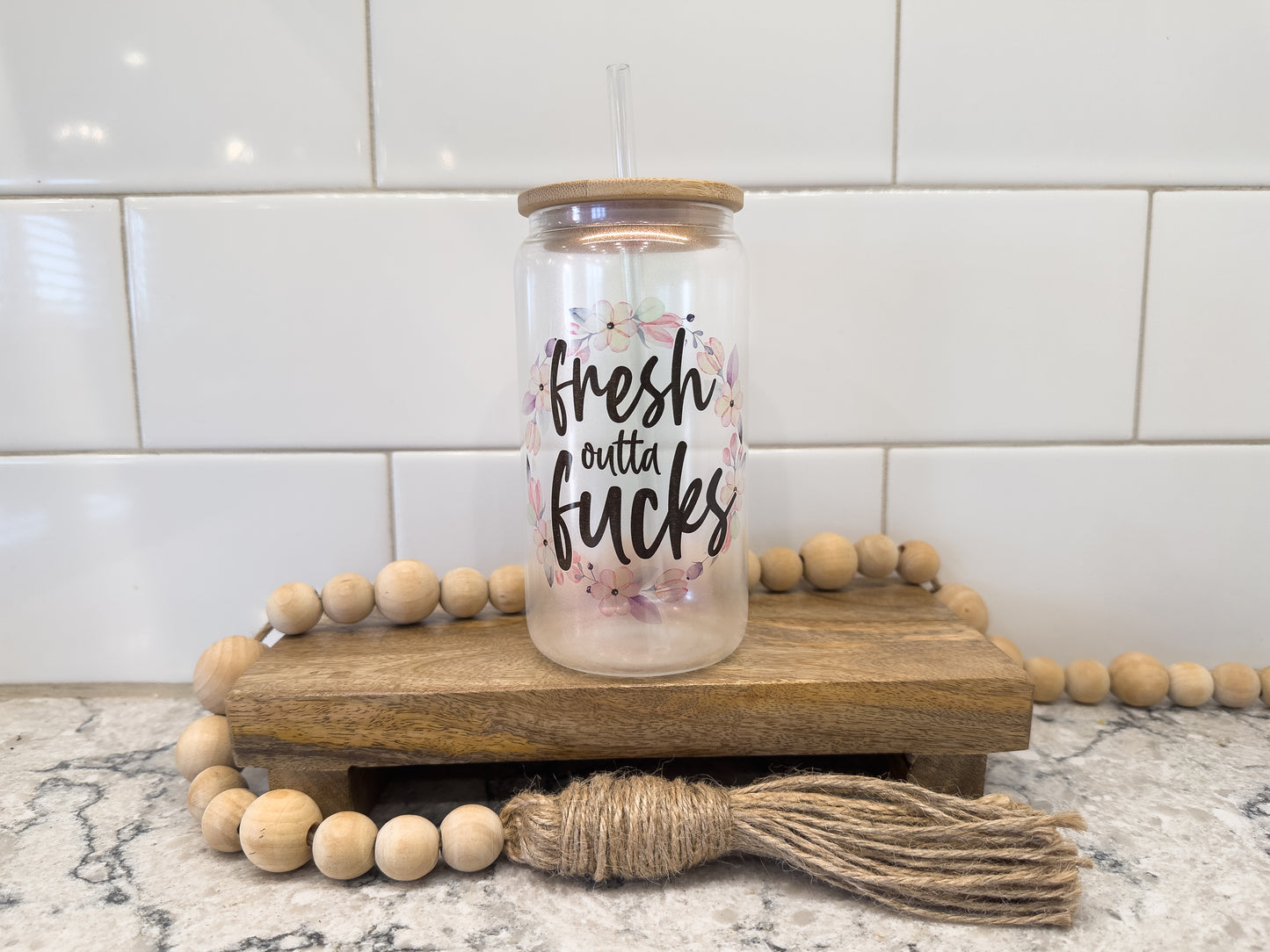 Fresh Out Of F@cks | 16 oz Can Glass with Bamboo Lid | Pink Iridescent | Glass Drinkware