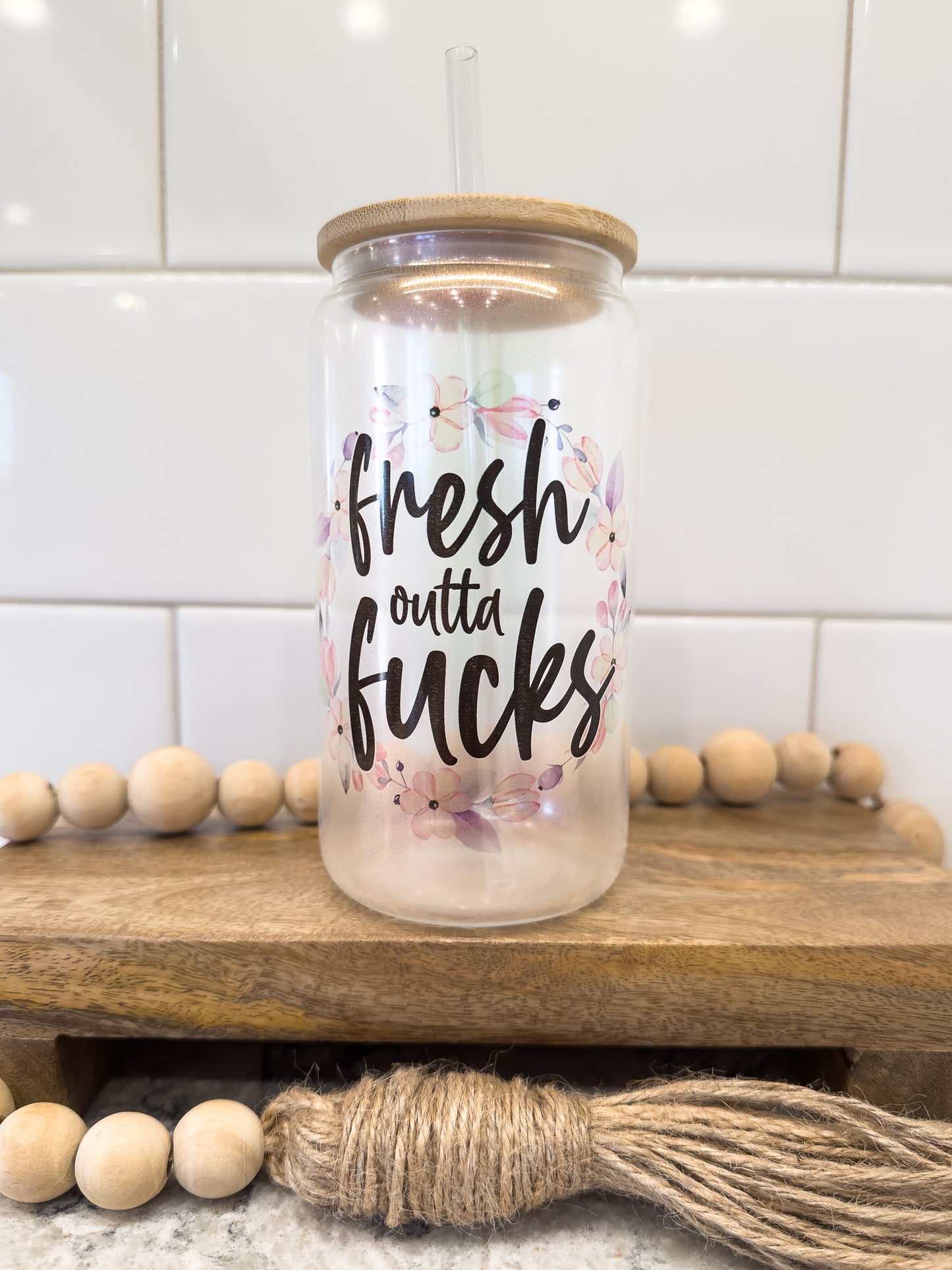 Fresh Out Of F@cks | 16 oz Can Glass with Bamboo Lid | Pink Iridescent | Glass Drinkware