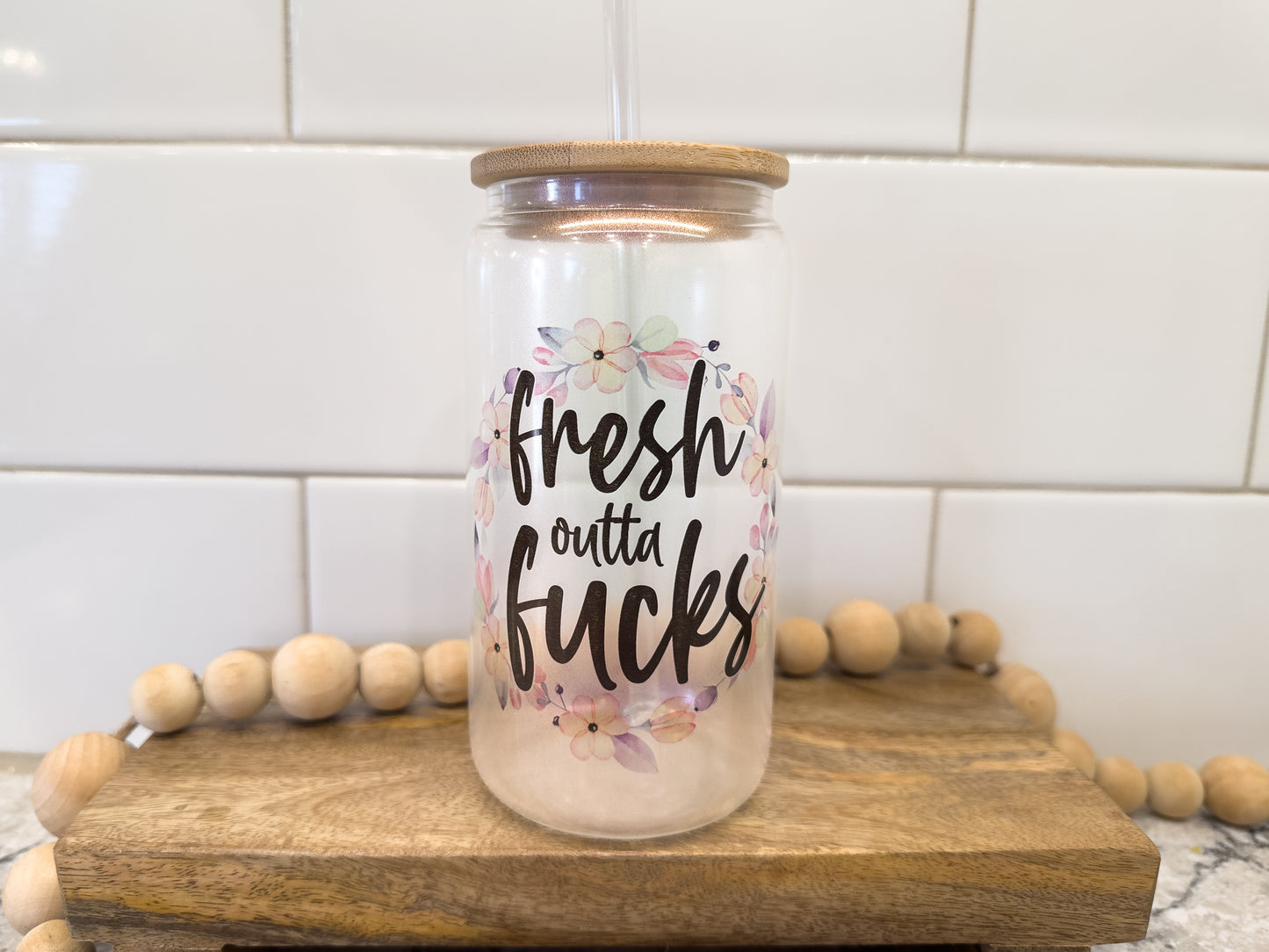 Fresh Out Of F@cks | 16 oz Can Glass with Bamboo Lid | Pink Iridescent | Glass Drinkware