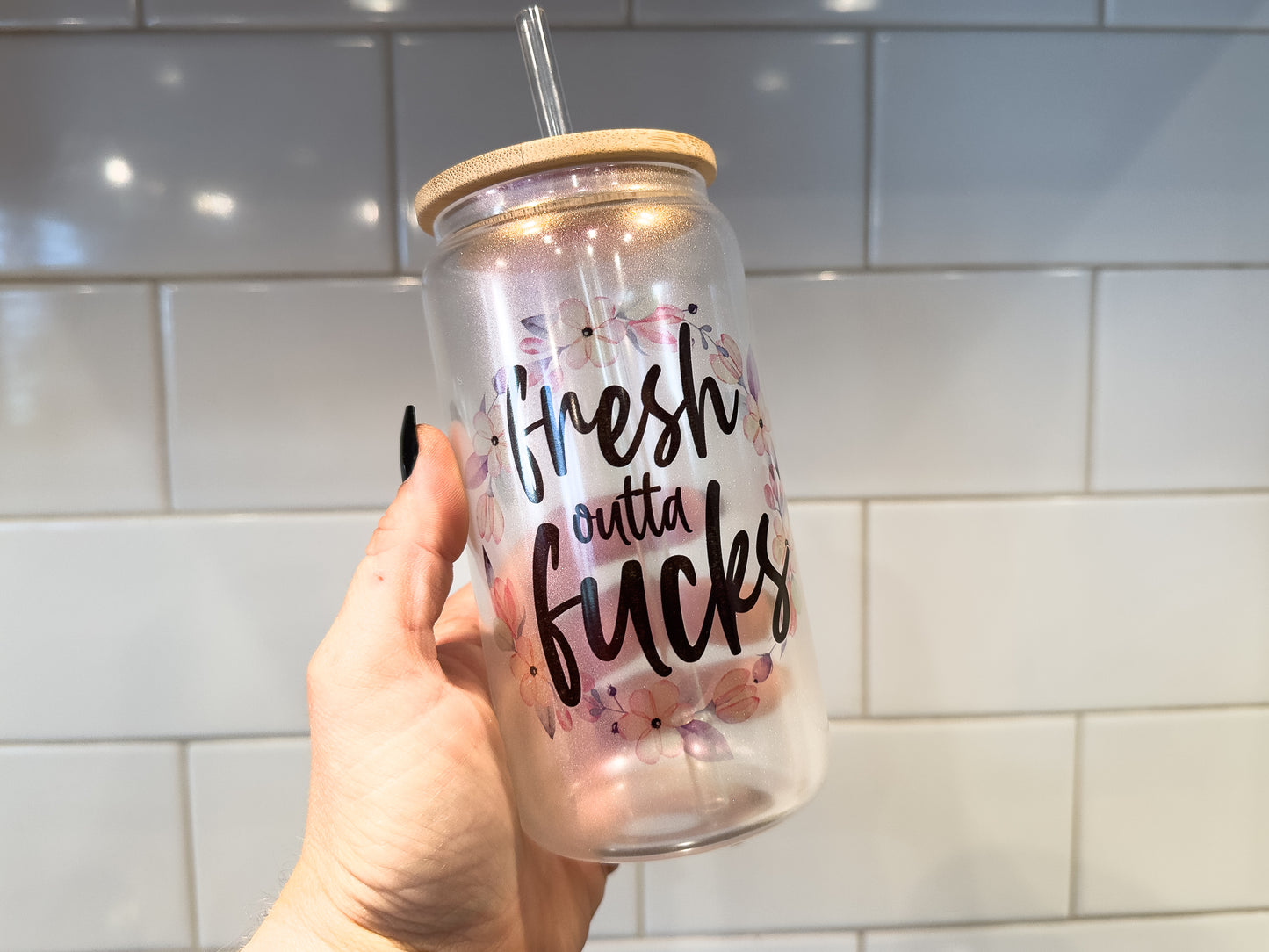 Fresh Out Of F@cks | 16 oz Can Glass with Bamboo Lid | Pink Iridescent | Glass Drinkware