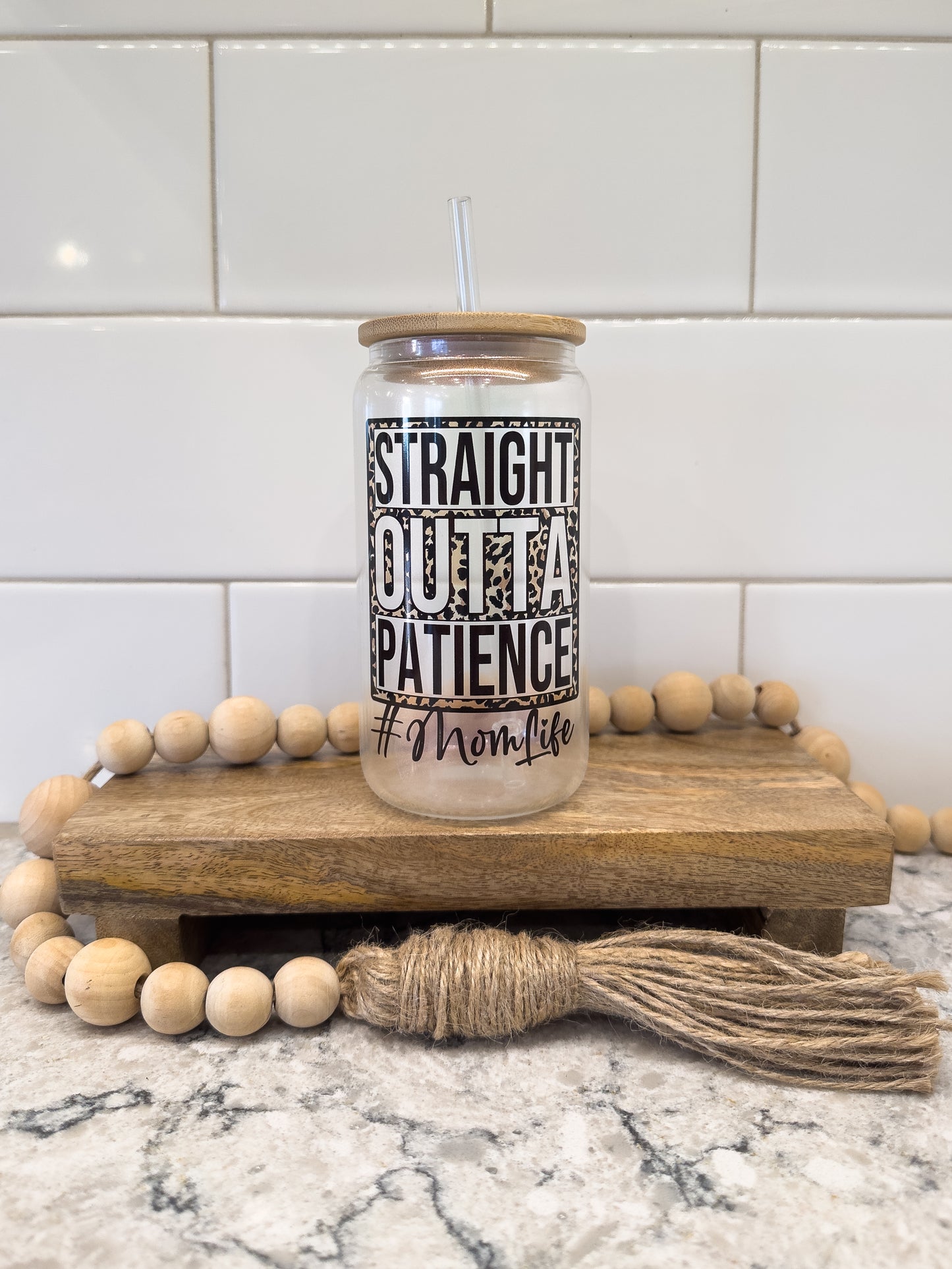 Straight Outta Patience | 16 oz Can Glass with Bamboo Lid | Pink Iridescent | Glass Drinkware