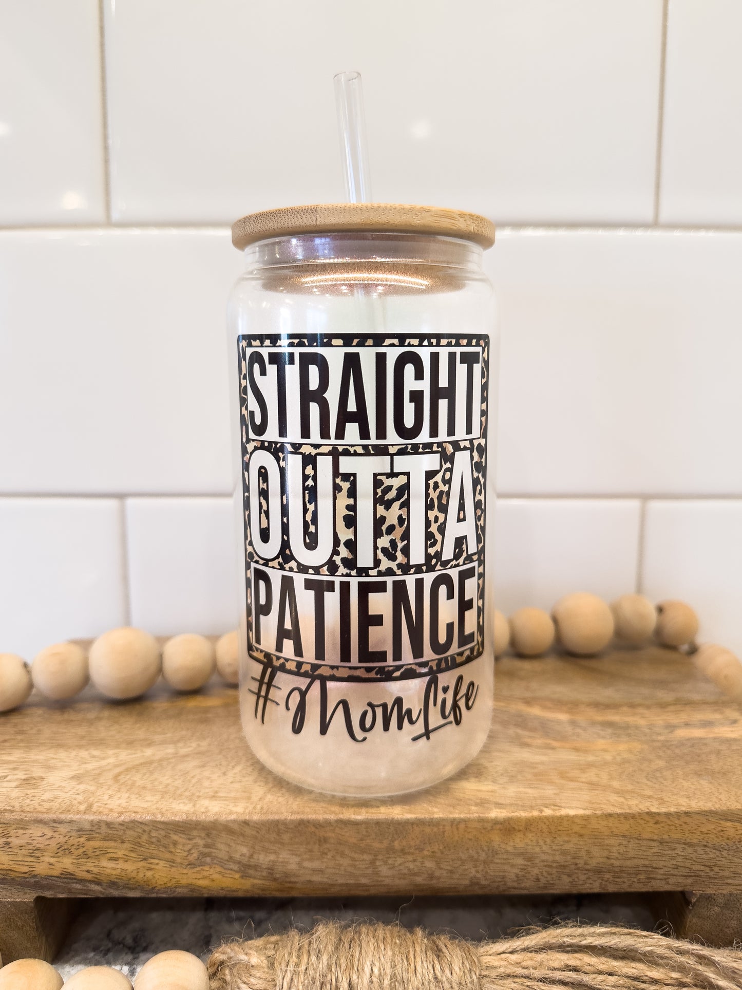 Straight Outta Patience | 16 oz Can Glass with Bamboo Lid | Pink Iridescent | Glass Drinkware