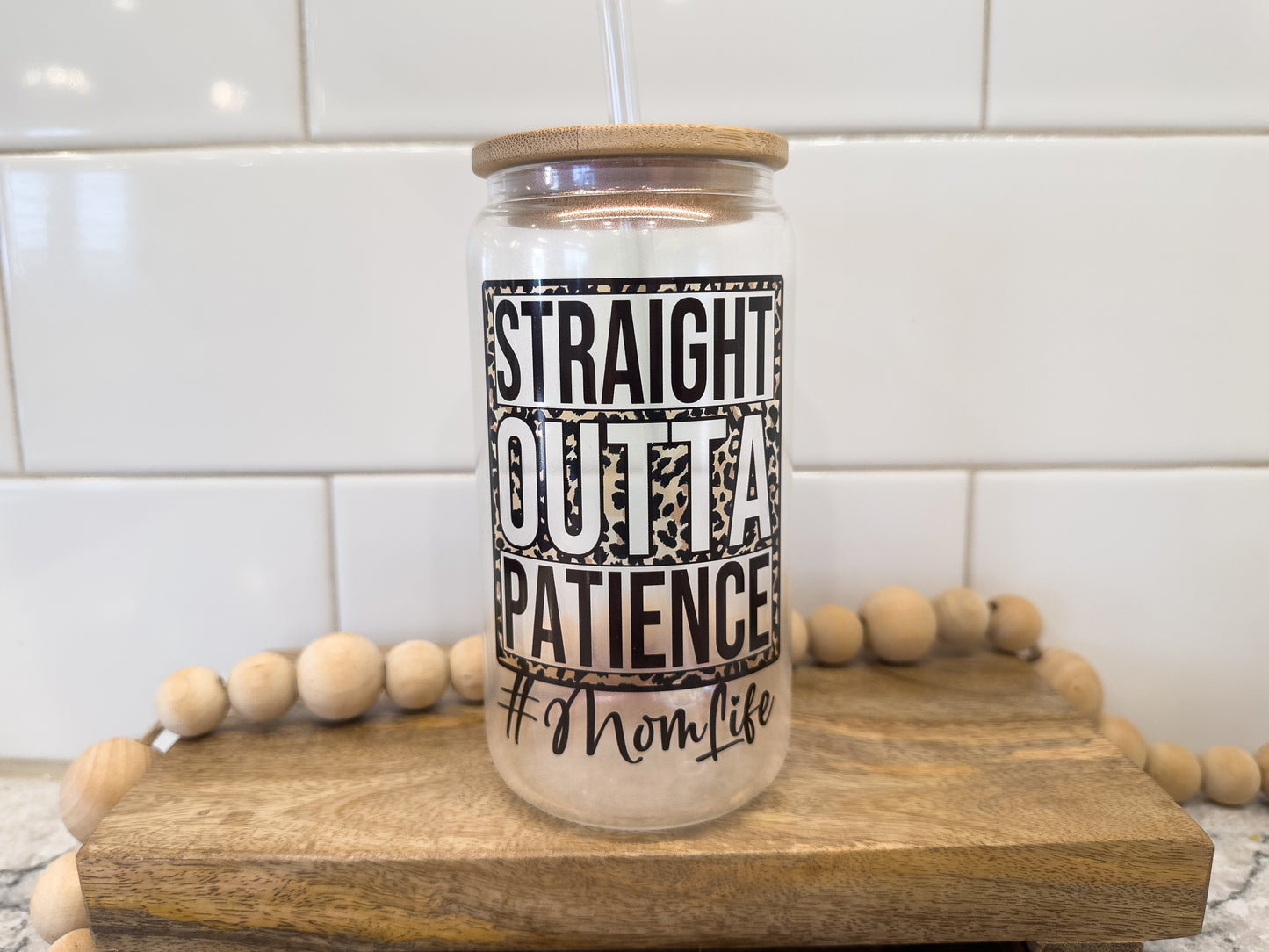 Straight Outta Patience | 16 oz Can Glass with Bamboo Lid | Pink Iridescent | Glass Drinkware