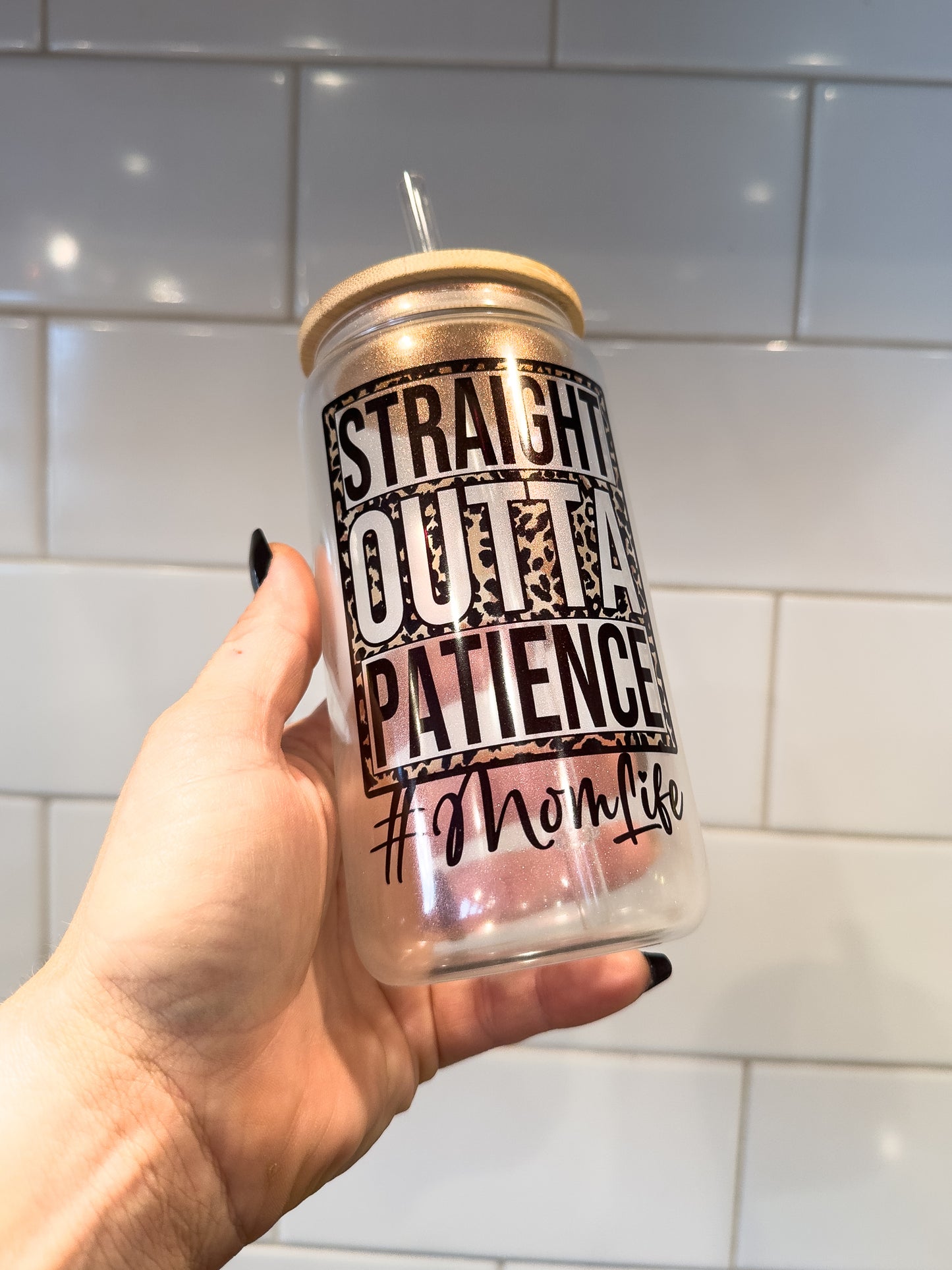 Straight Outta Patience | 16 oz Can Glass with Bamboo Lid | Pink Iridescent | Glass Drinkware