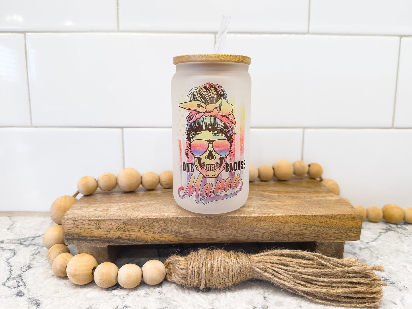 One Badass Mama | 12 oz Can Glass with Bamboo Lid | Frosted