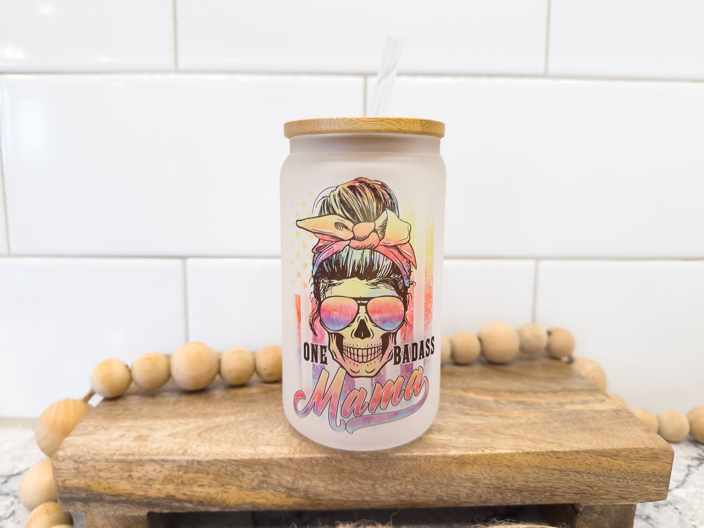 One Badass Mama | 12 oz Can Glass with Bamboo Lid | Frosted