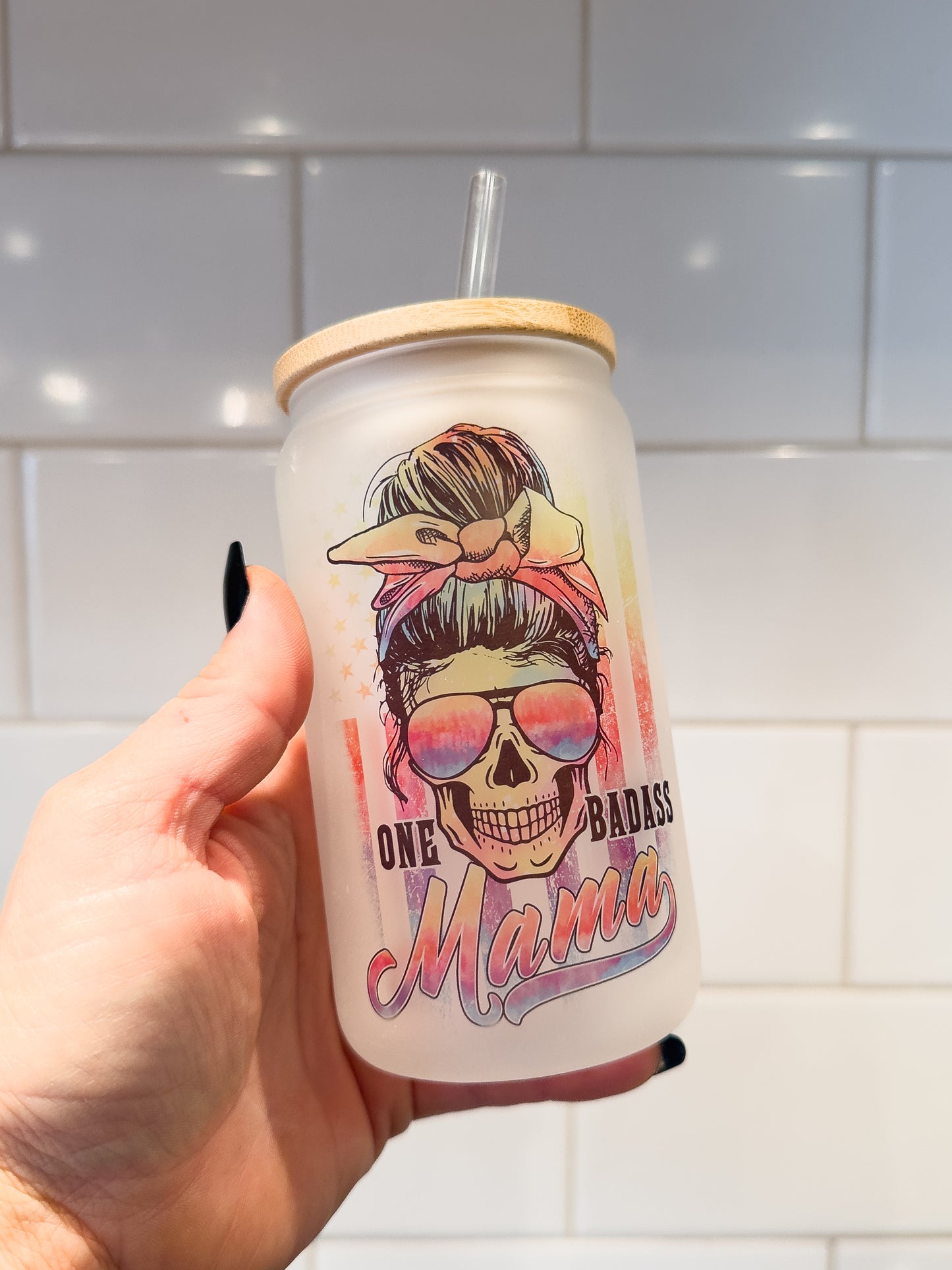 One Badass Mama | 12 oz Can Glass with Bamboo Lid | Frosted