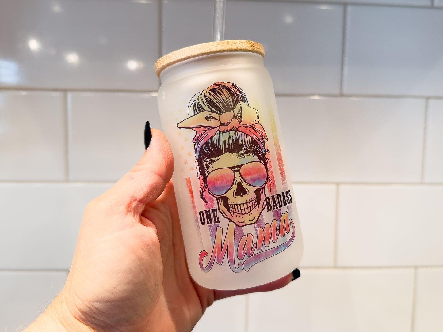 One Badass Mama | 12 oz Can Glass with Bamboo Lid | Frosted