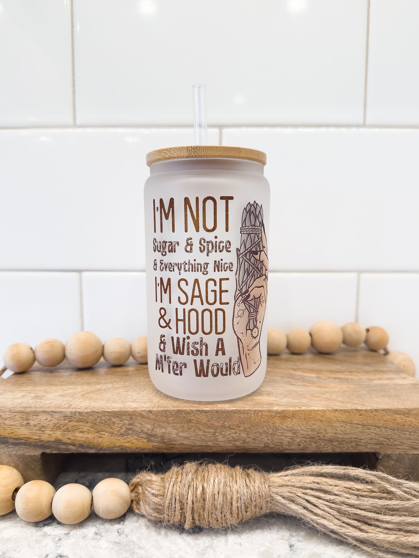 Sage & Hood | 12 oz Can Glass with Bamboo Lid | Frosted