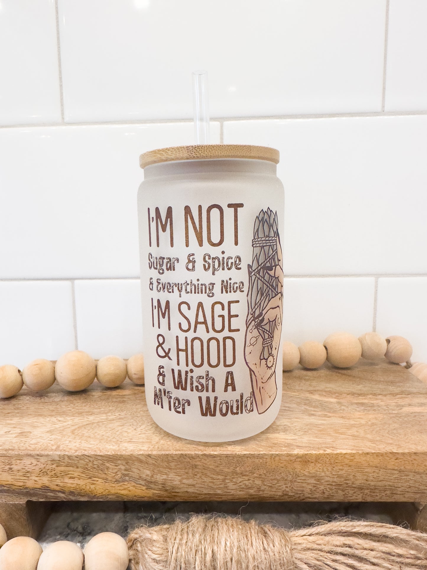 Sage & Hood | 12 oz Can Glass with Bamboo Lid | Frosted