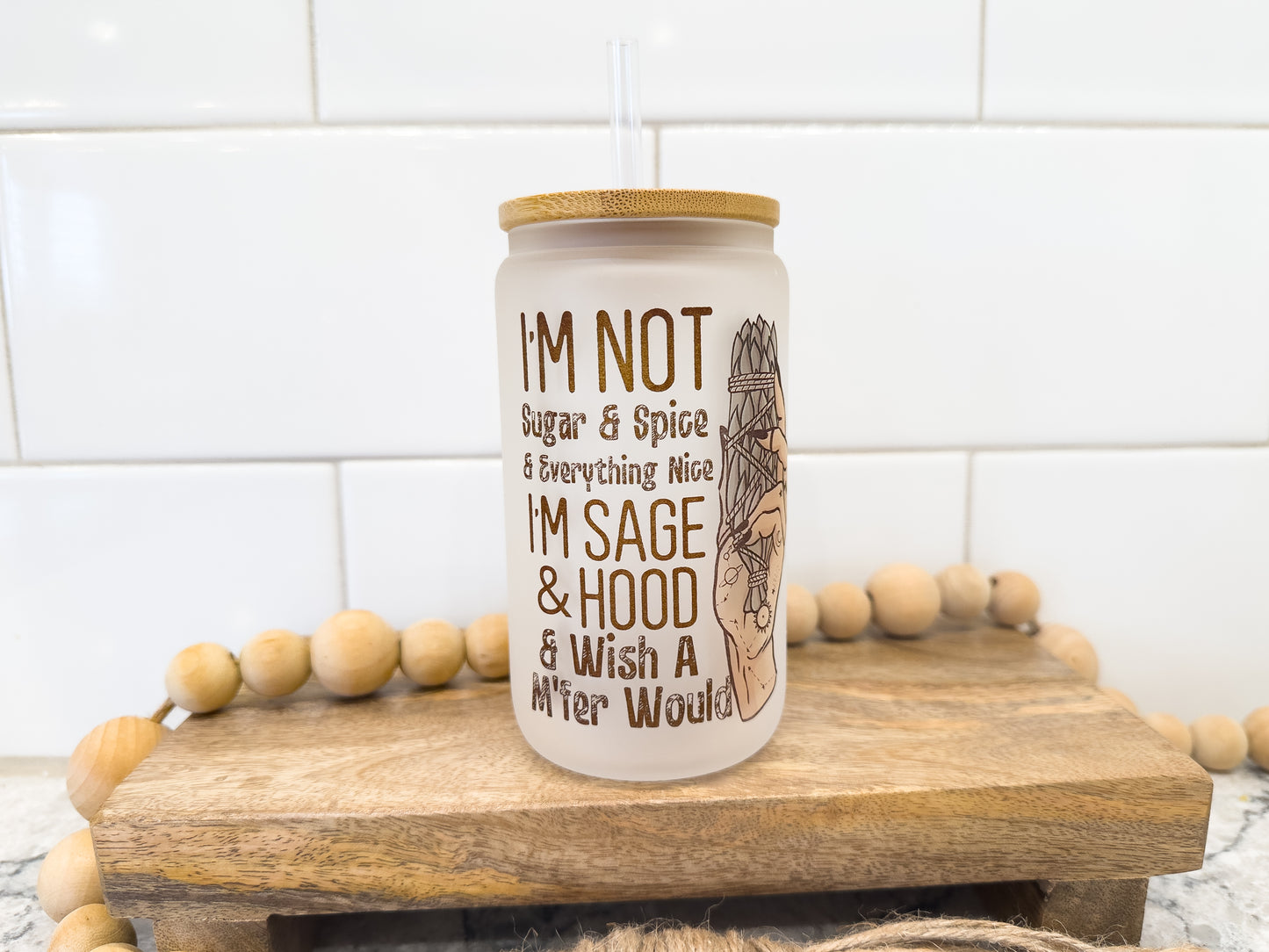Sage & Hood | 12 oz Can Glass with Bamboo Lid | Frosted
