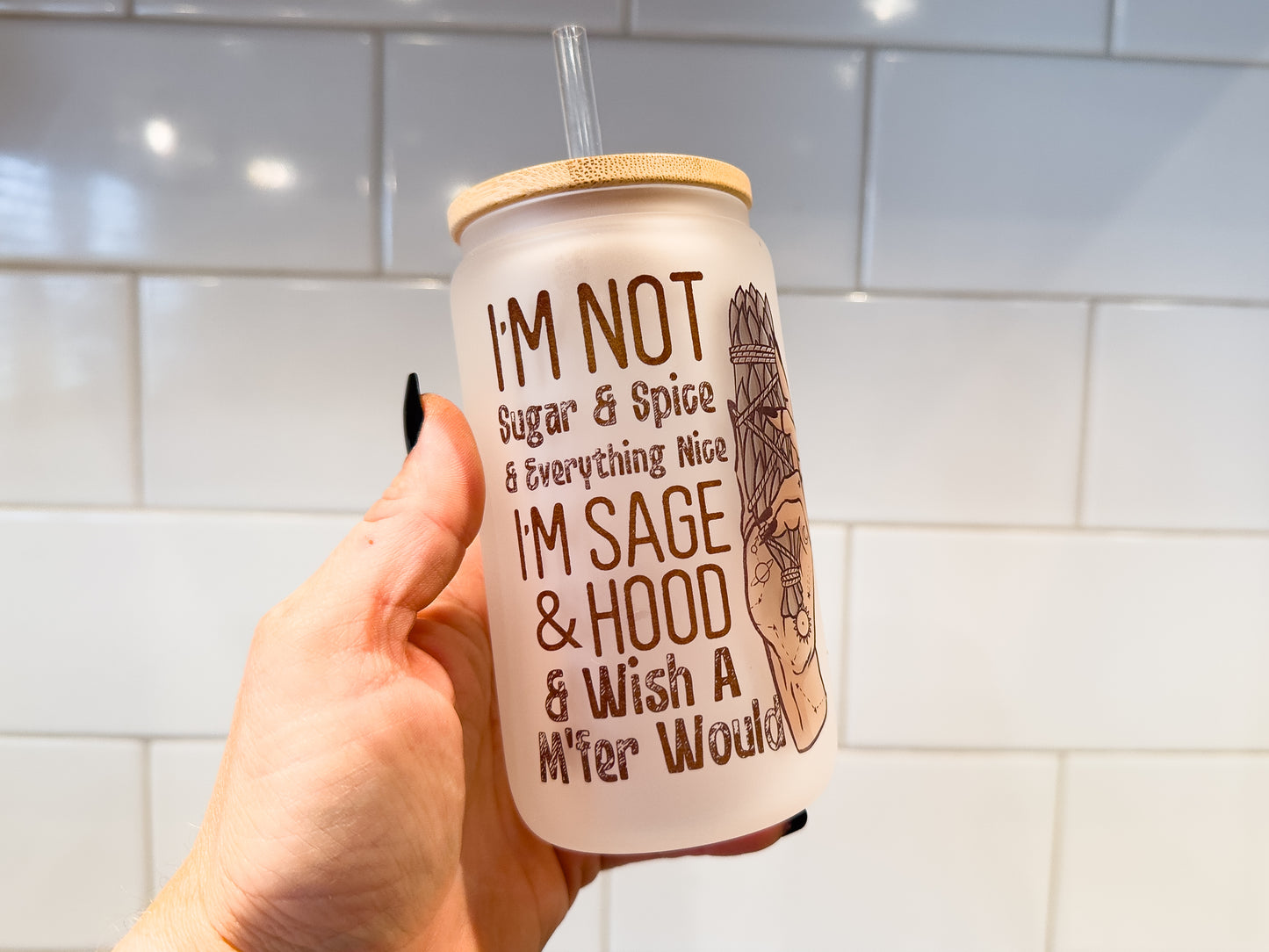 Sage & Hood | 12 oz Can Glass with Bamboo Lid | Frosted