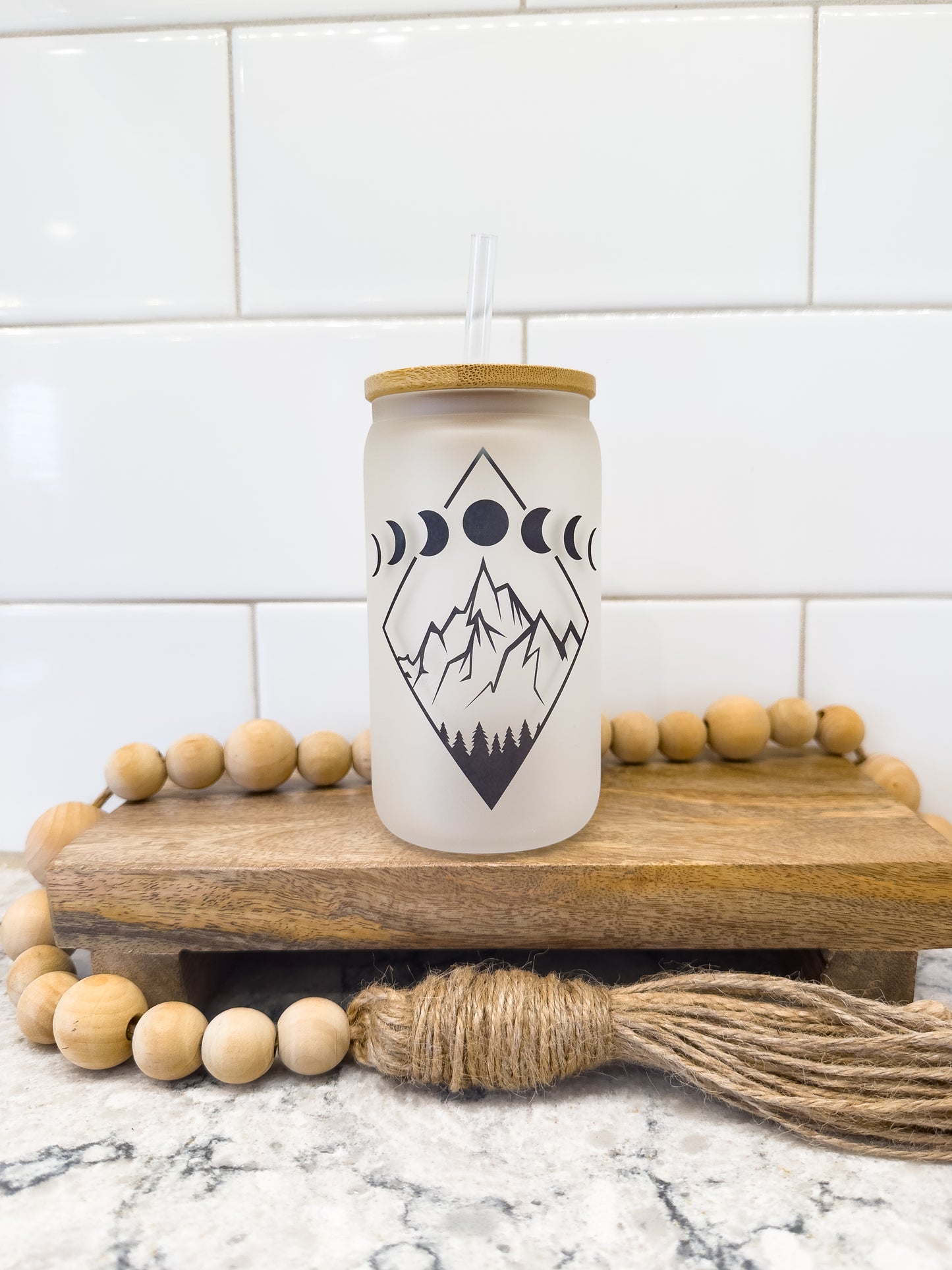 Moon Phases | 12 oz Can Glass with Bamboo Lid | Frosted