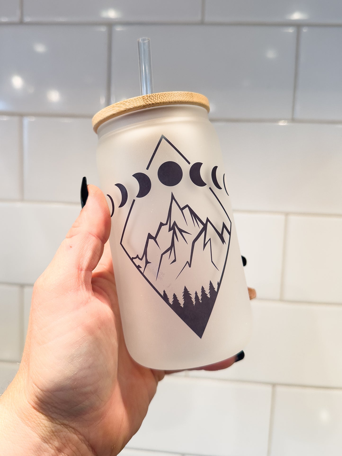 Moon Phases | 12 oz Can Glass with Bamboo Lid | Frosted