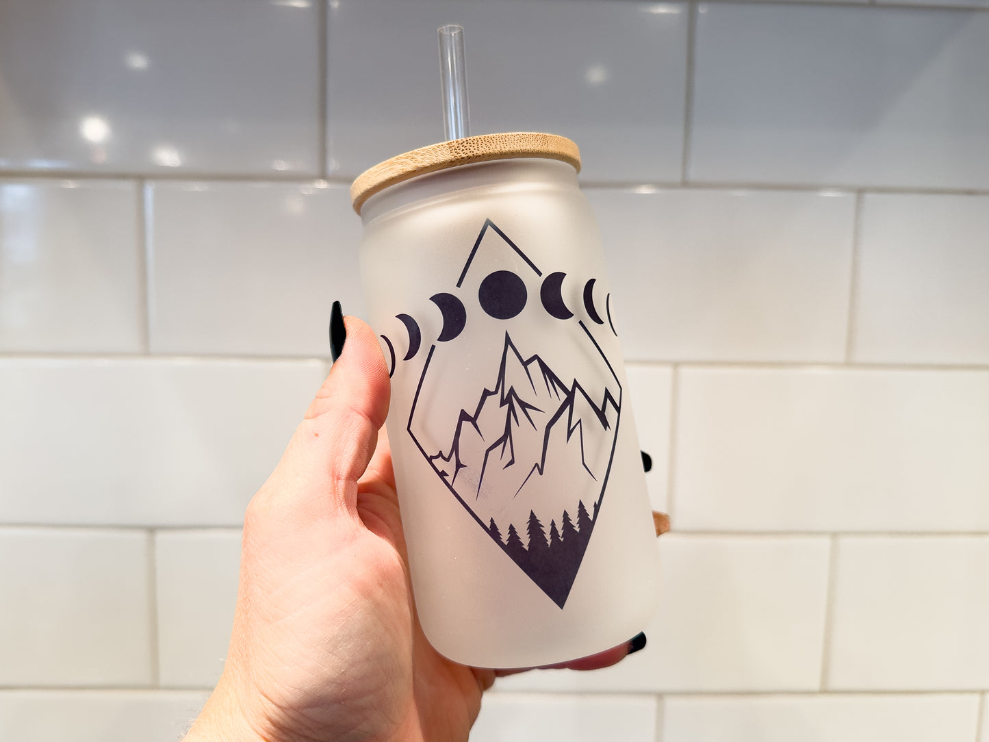 Moon Phases | 12 oz Can Glass with Bamboo Lid | Frosted
