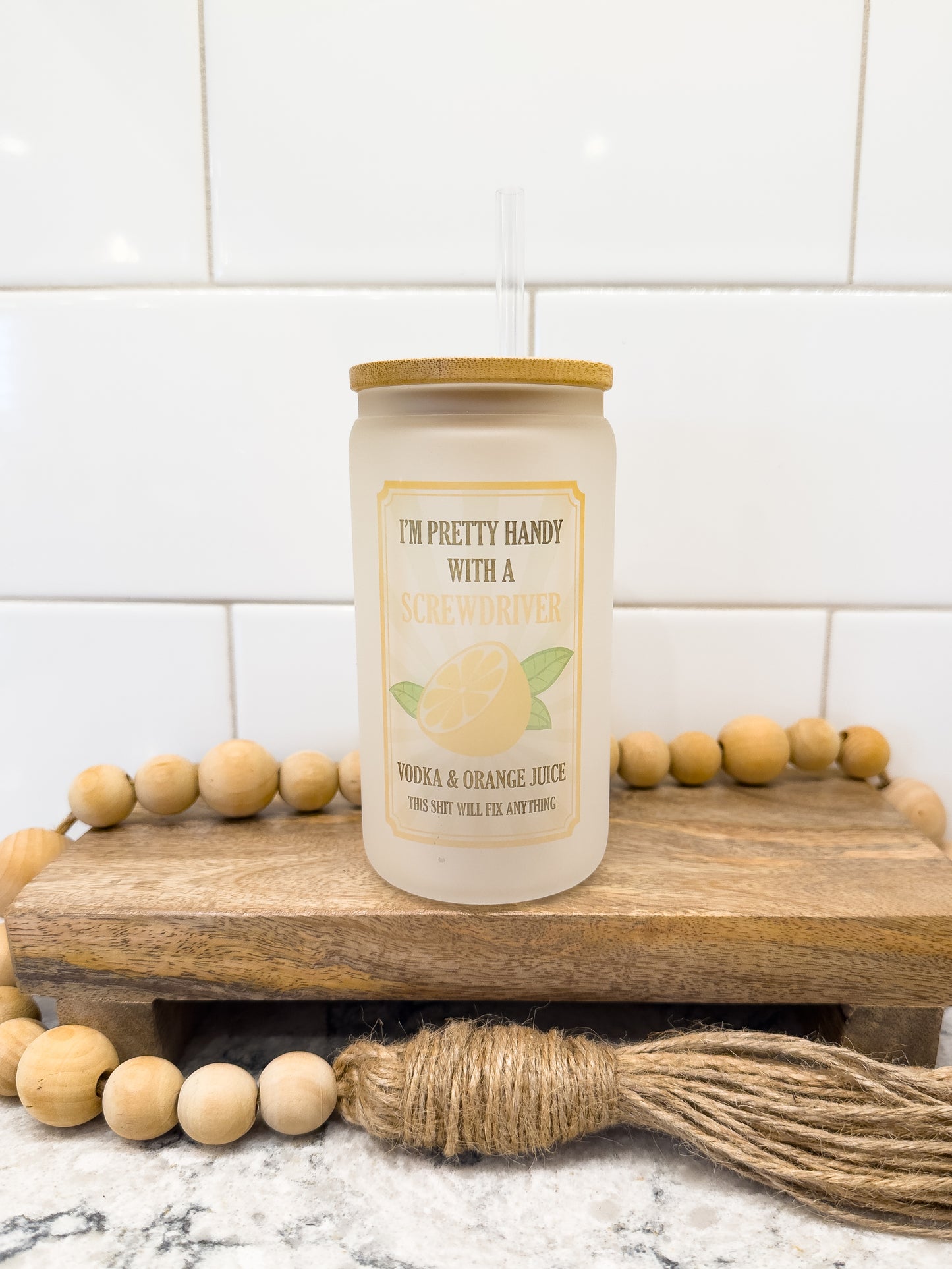 Pretty Handy With a Screwdriver | 12 oz Can Glass with Bamboo Lid | Frosted