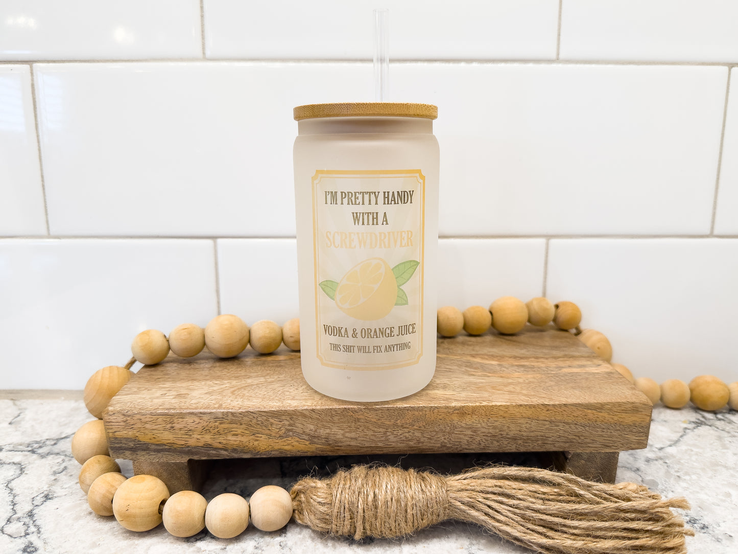 Pretty Handy With a Screwdriver | 12 oz Can Glass with Bamboo Lid | Frosted