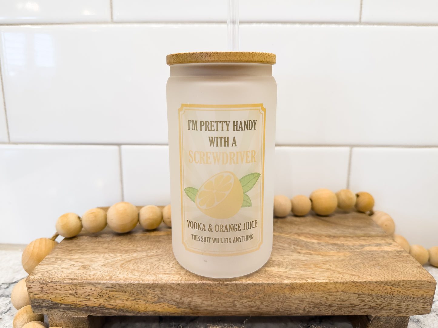Pretty Handy With a Screwdriver | 12 oz Can Glass with Bamboo Lid | Frosted