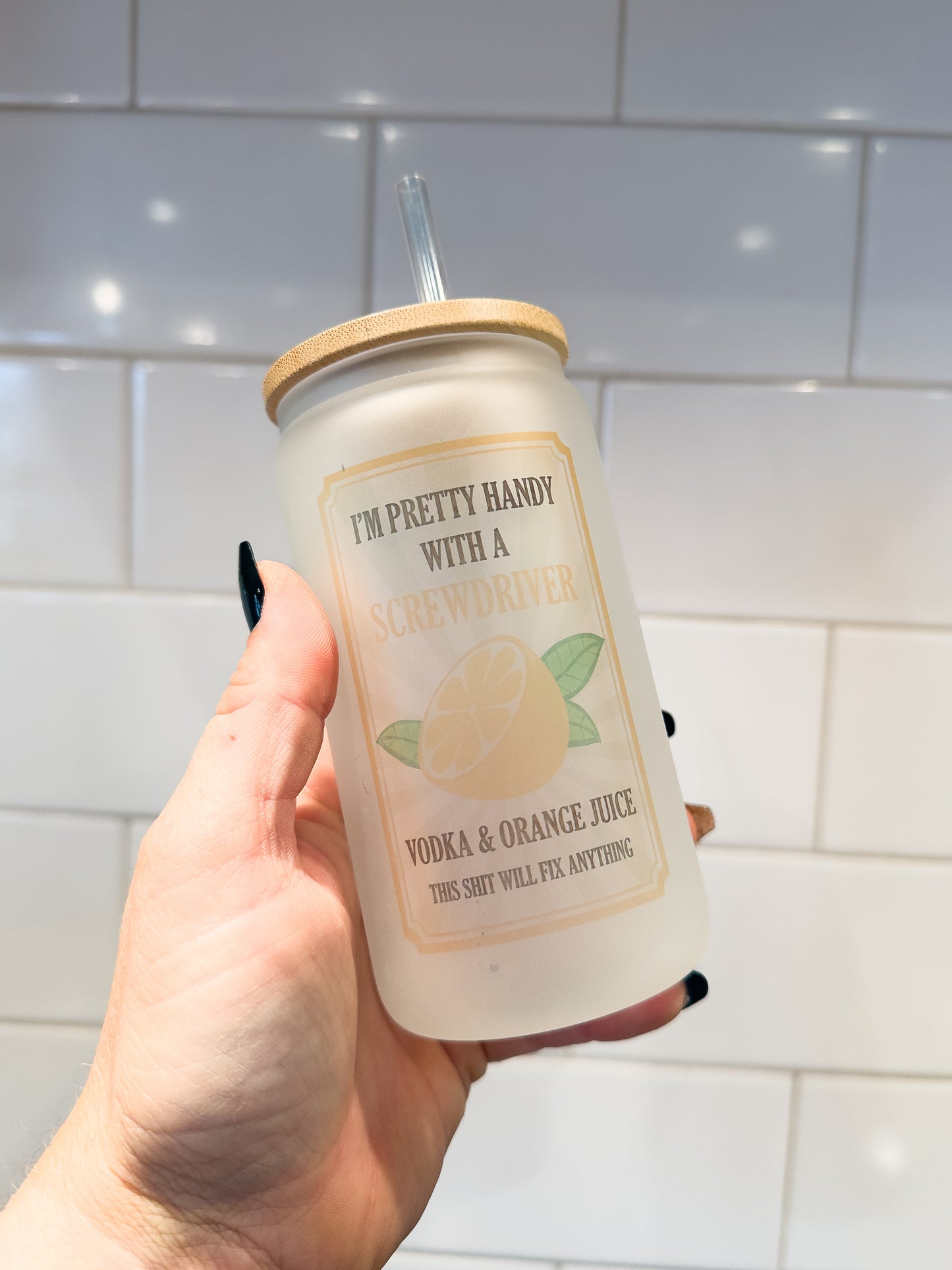 Pretty Handy With a Screwdriver | 12 oz Can Glass with Bamboo Lid | Frosted