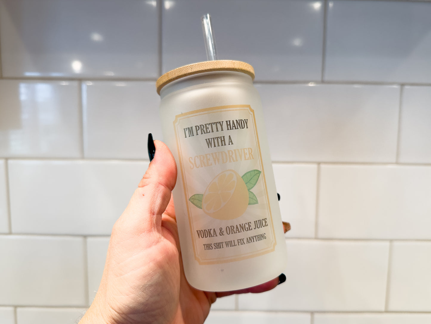 Pretty Handy With a Screwdriver | 12 oz Can Glass with Bamboo Lid | Frosted