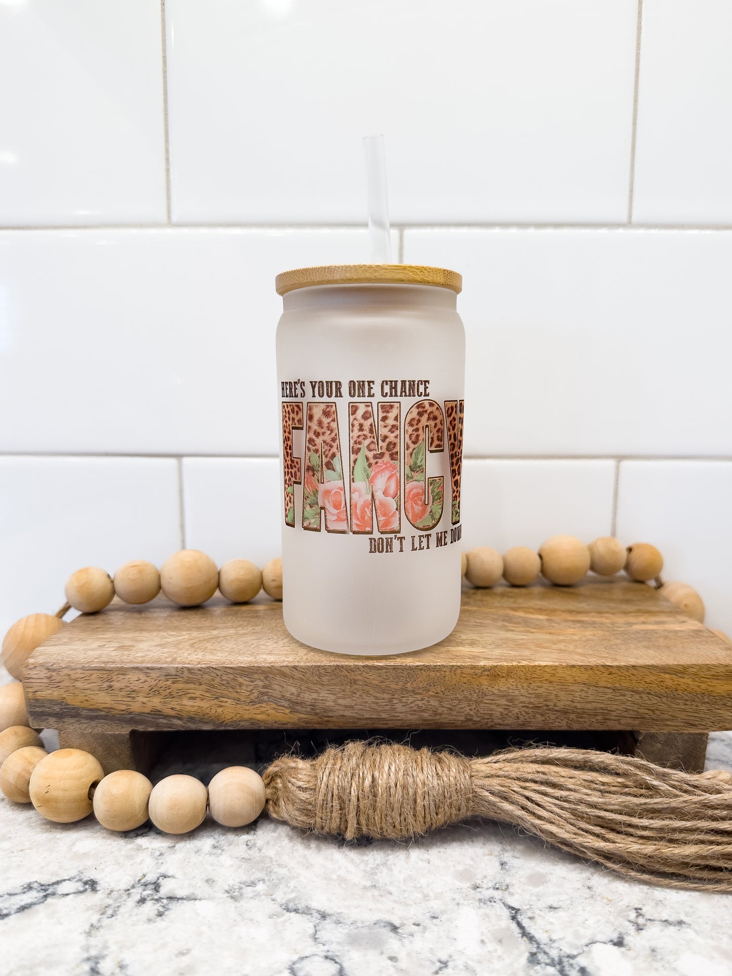 Fancy | 12 oz Can Glass with Bamboo Lid | Frosted
