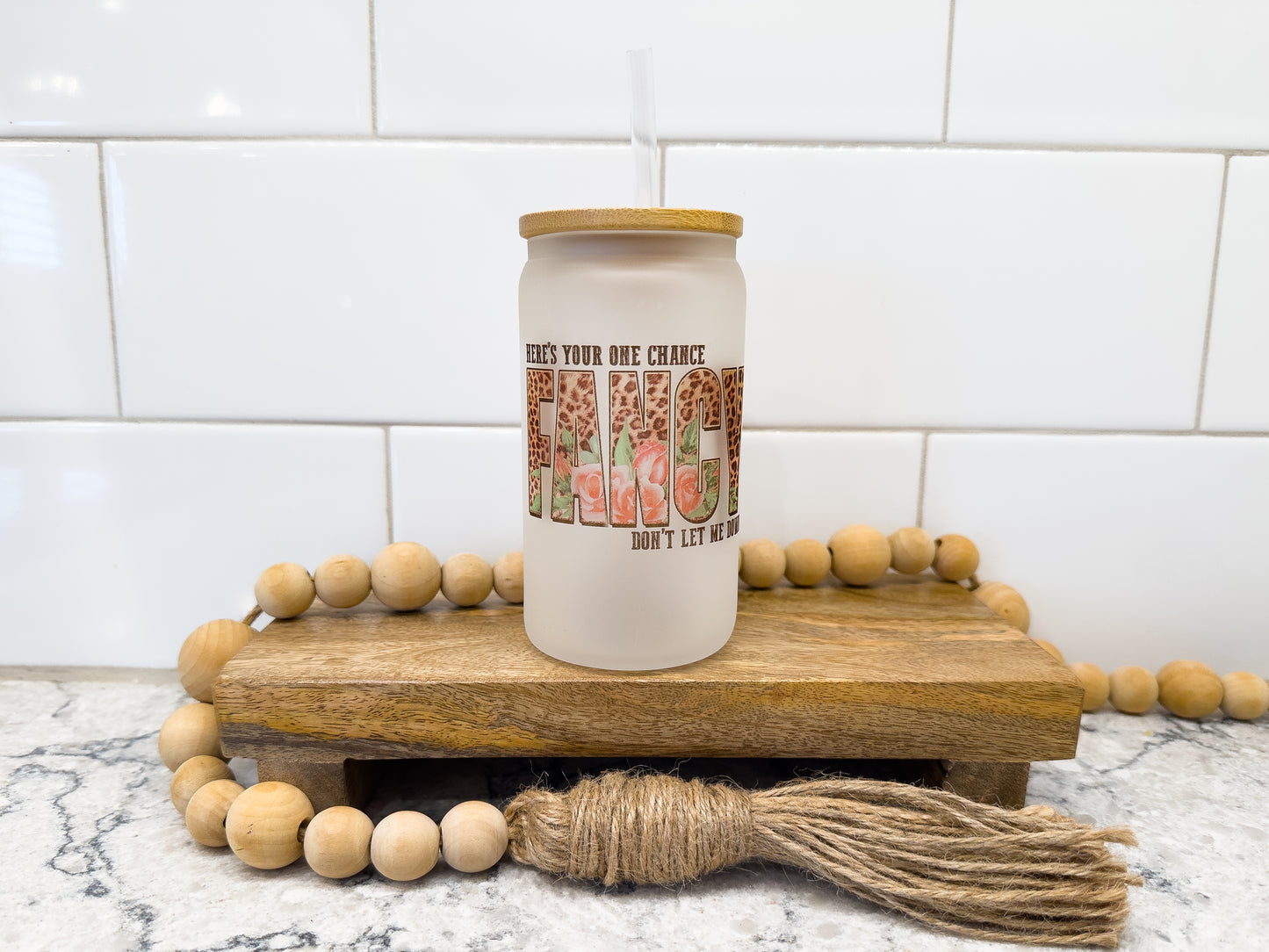 Fancy | 12 oz Can Glass with Bamboo Lid | Frosted