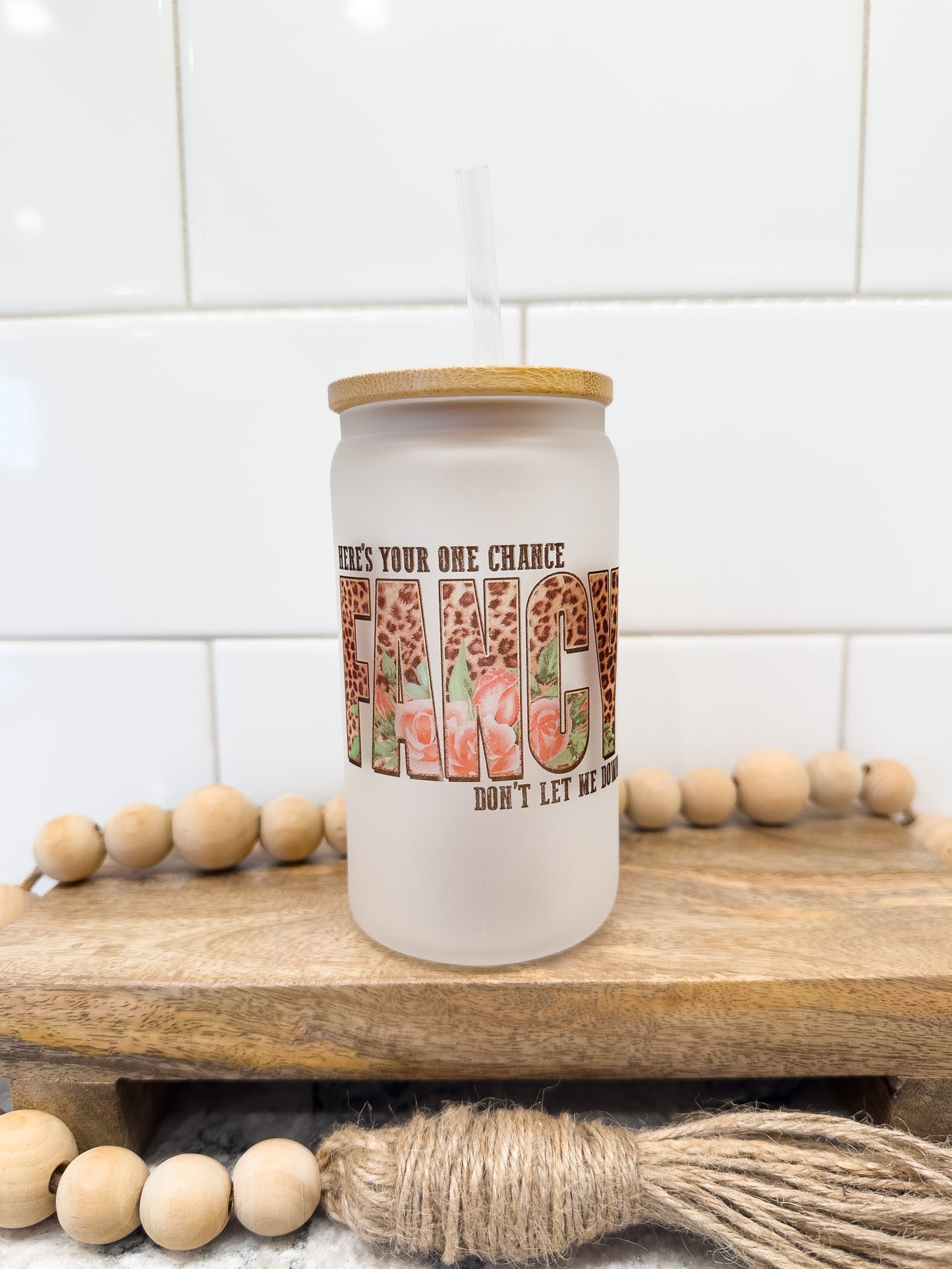 Fancy | 12 oz Can Glass with Bamboo Lid | Frosted