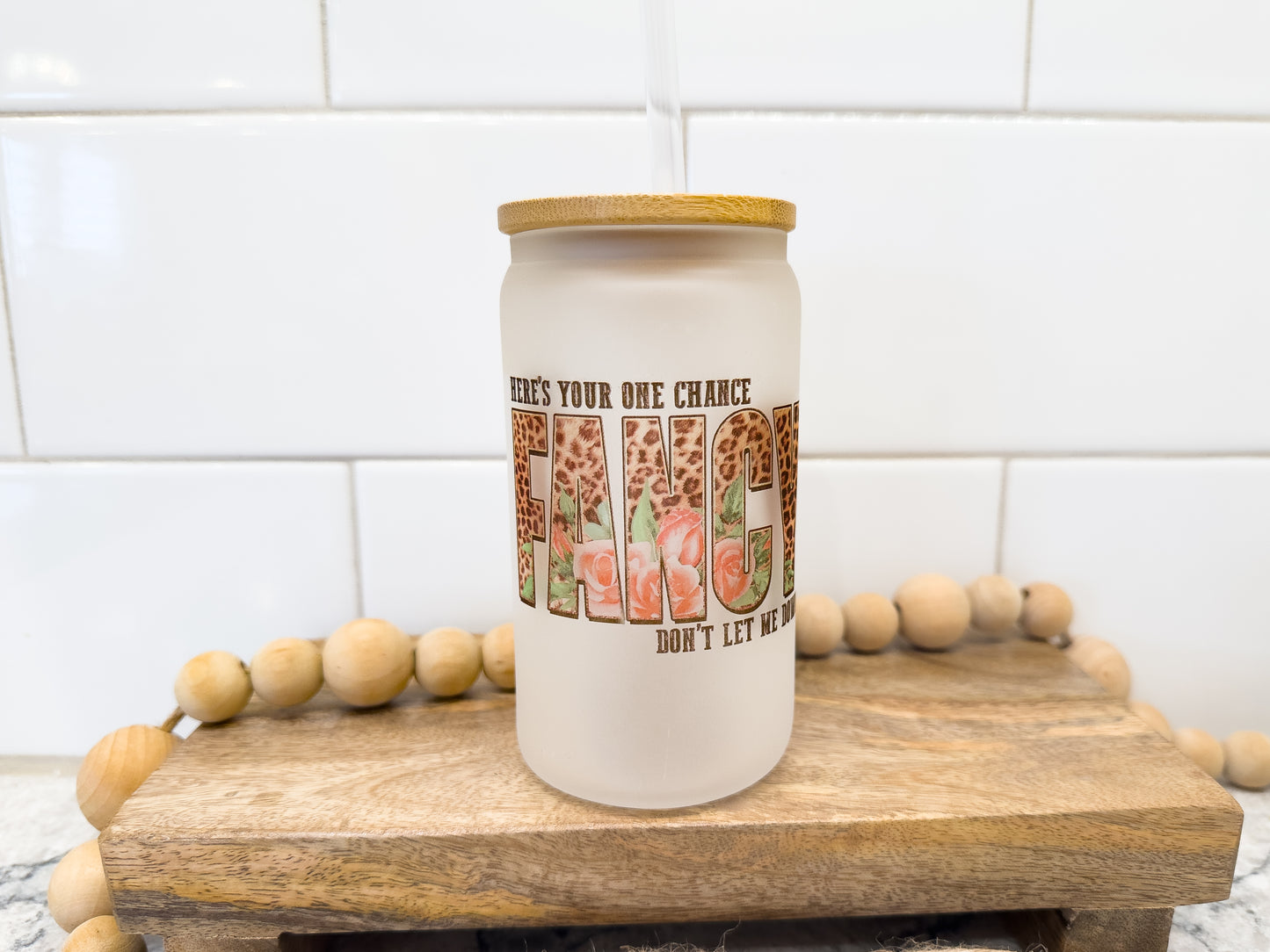 Fancy | 12 oz Can Glass with Bamboo Lid | Frosted
