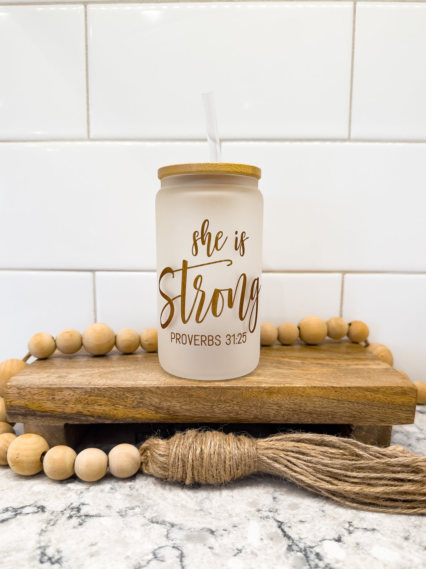 She is Strong | 12 oz Can Glass with Bamboo Lid | Frosted
