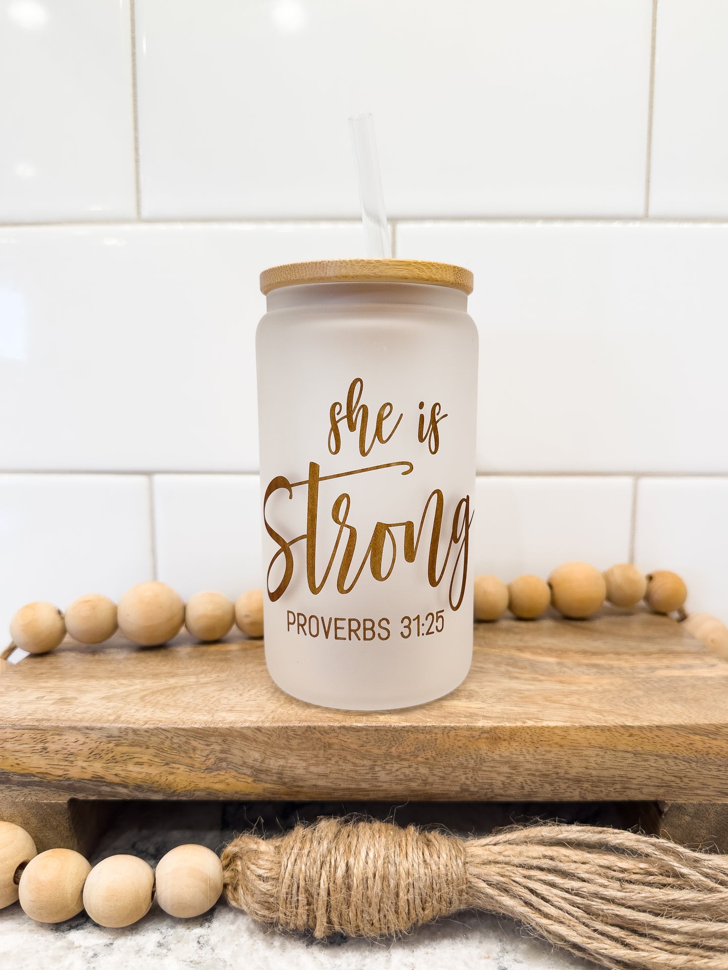 She is Strong | 12 oz Can Glass with Bamboo Lid | Frosted