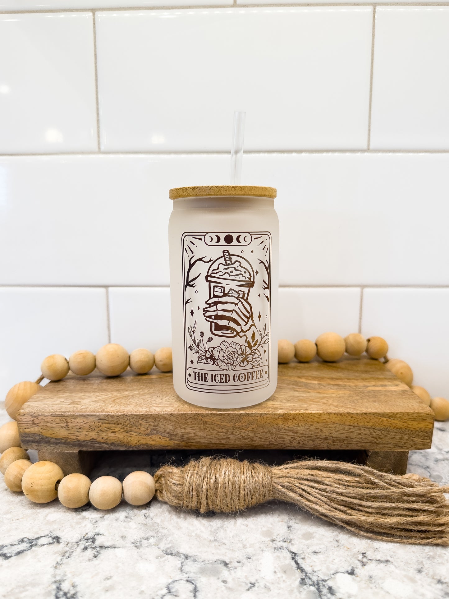 The Iced Coffee | Tarot Card Collection | 12 oz Can Glass with Bamboo Lid | Frosted Glass Drinkware