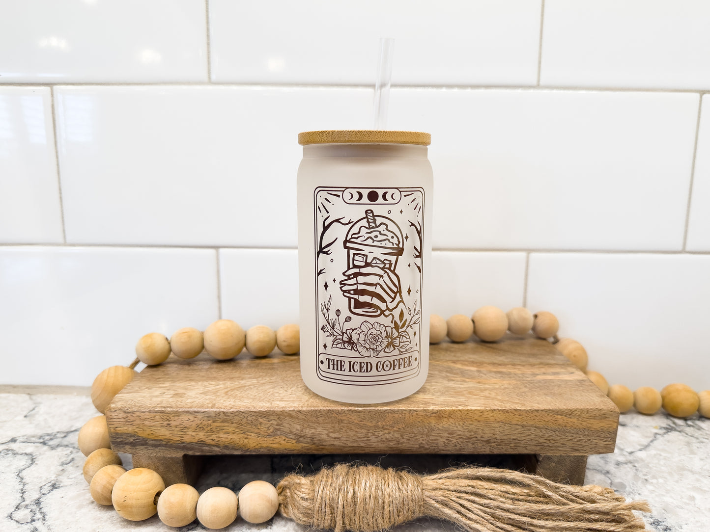 The Iced Coffee | Tarot Card Collection | 12 oz Can Glass with Bamboo Lid | Frosted Glass Drinkware