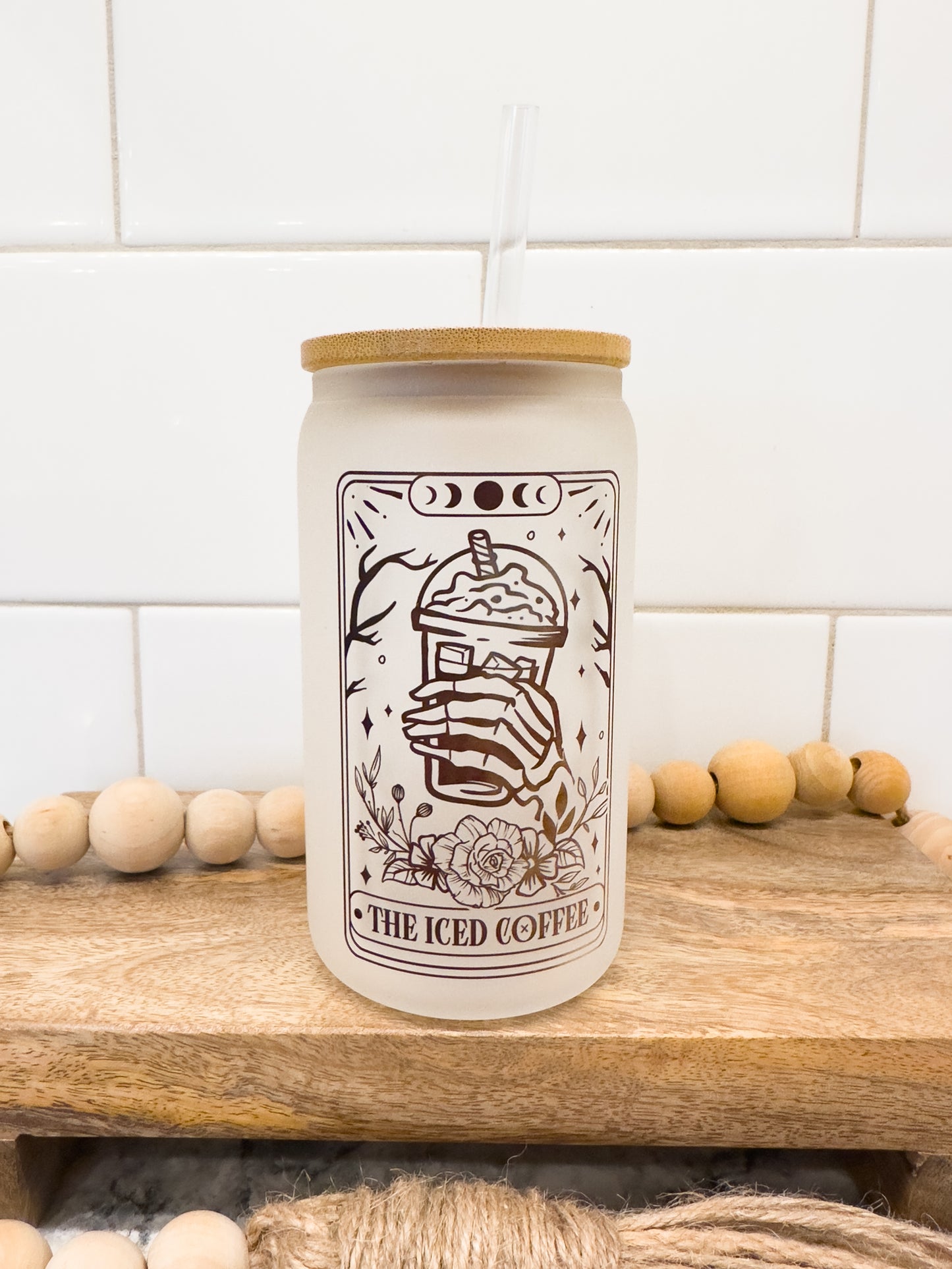 The Iced Coffee | Tarot Card Collection | 12 oz Can Glass with Bamboo Lid | Frosted Glass Drinkware