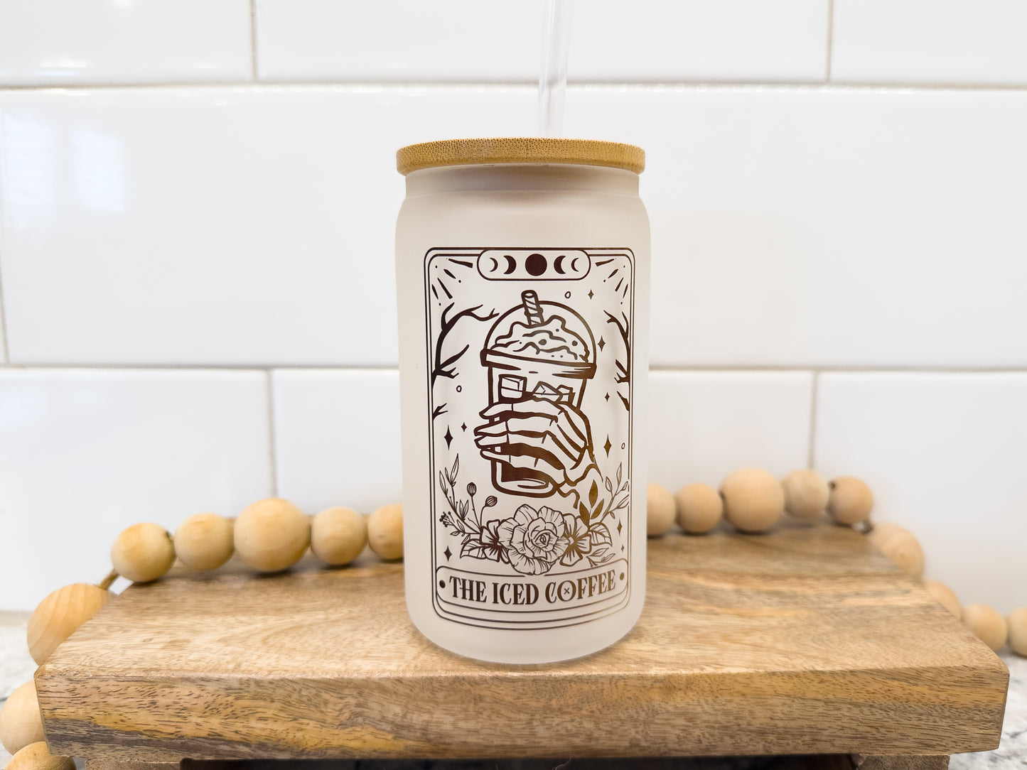 The Iced Coffee | Tarot Card Collection | 12 oz Can Glass with Bamboo Lid | Frosted Glass Drinkware
