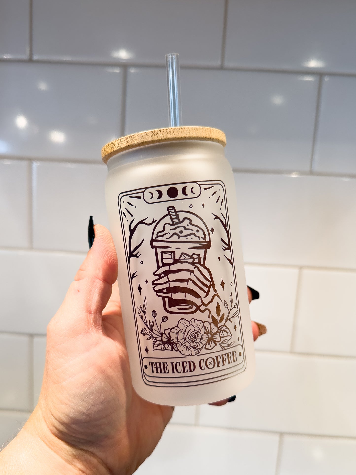 The Iced Coffee | Tarot Card Collection | 12 oz Can Glass with Bamboo Lid | Frosted Glass Drinkware